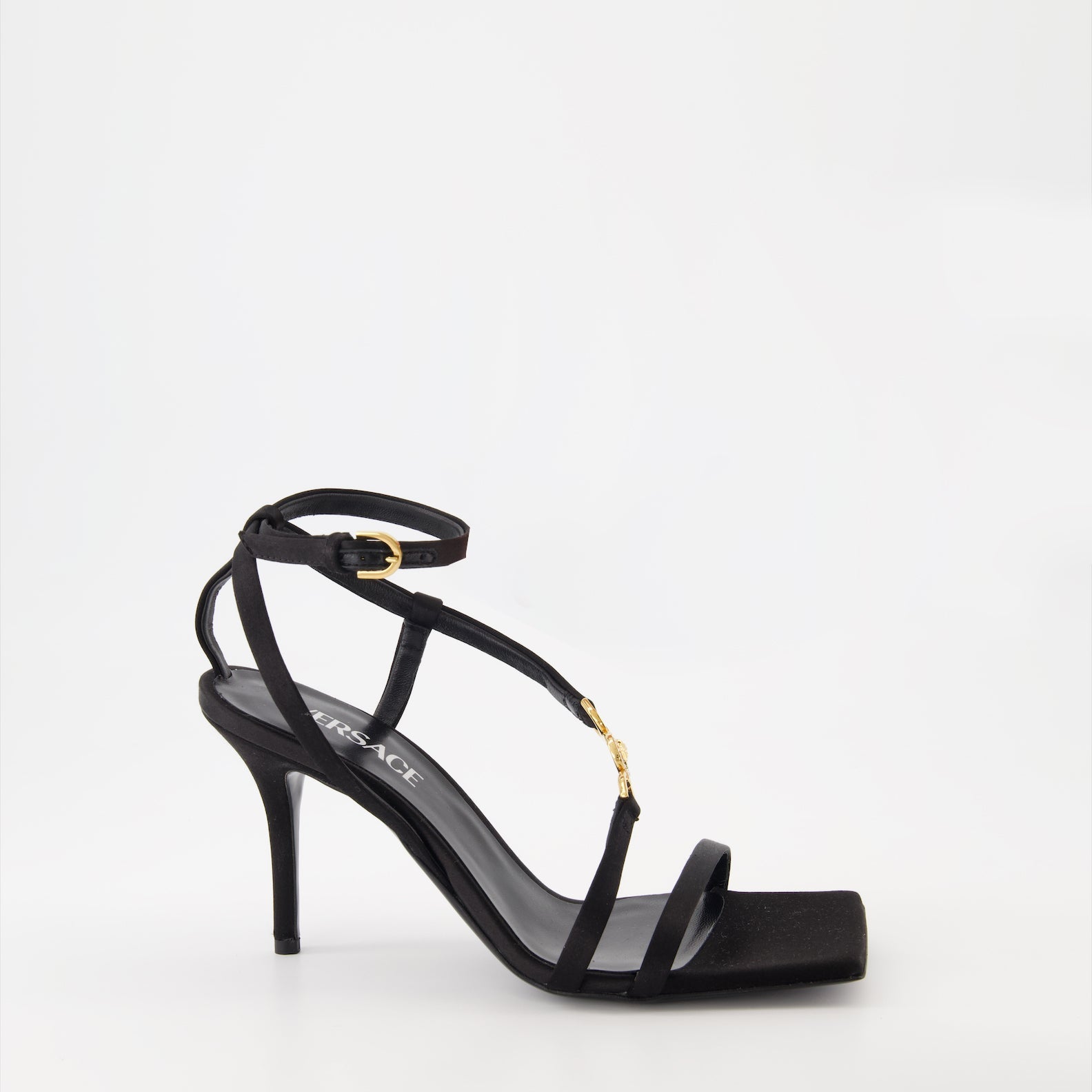 luxury sandals, high heel sandals, Versace Medusa sandals, satin sandals, designer footwear