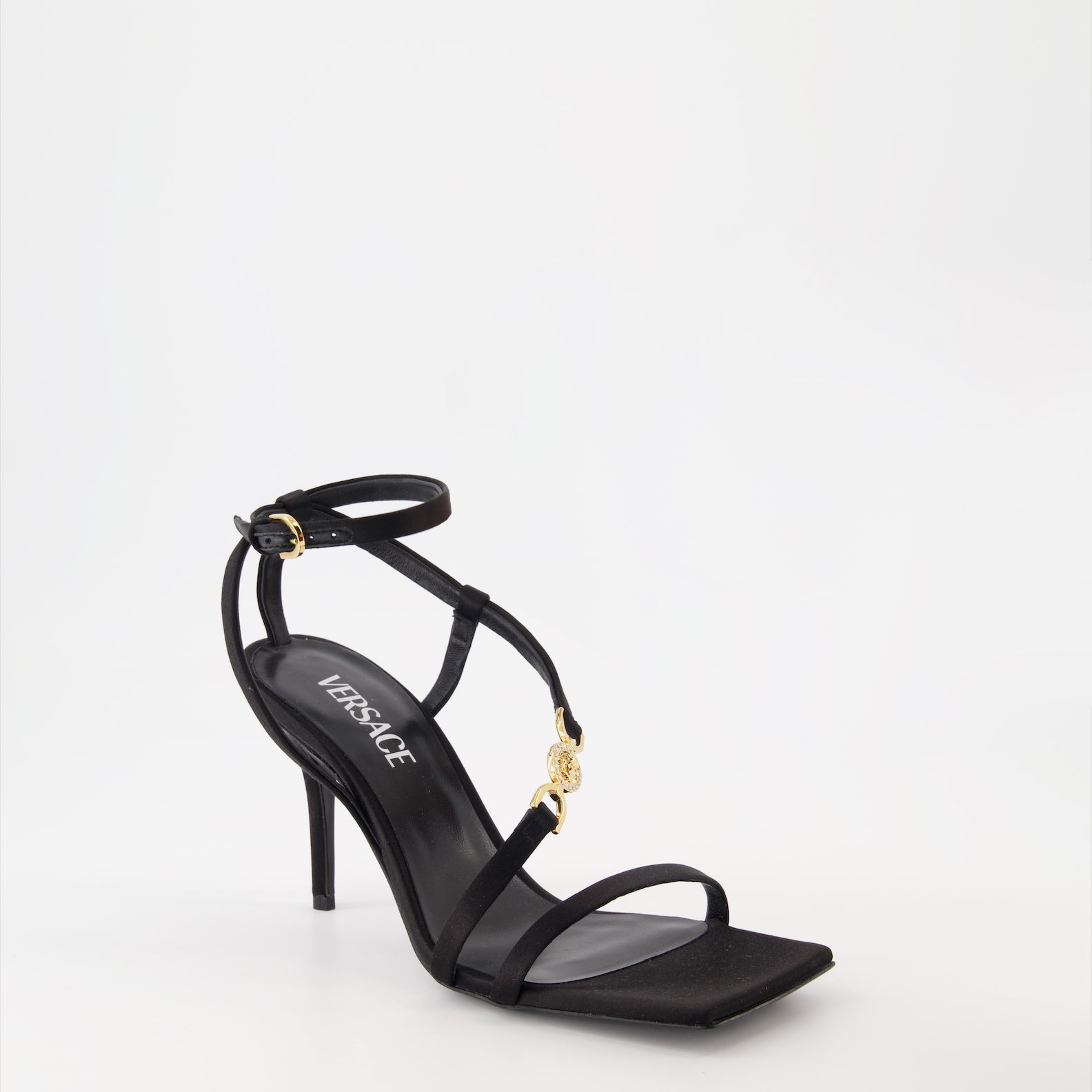 luxury sandals, high heel sandals, Versace Medusa sandals, satin sandals, designer footwear