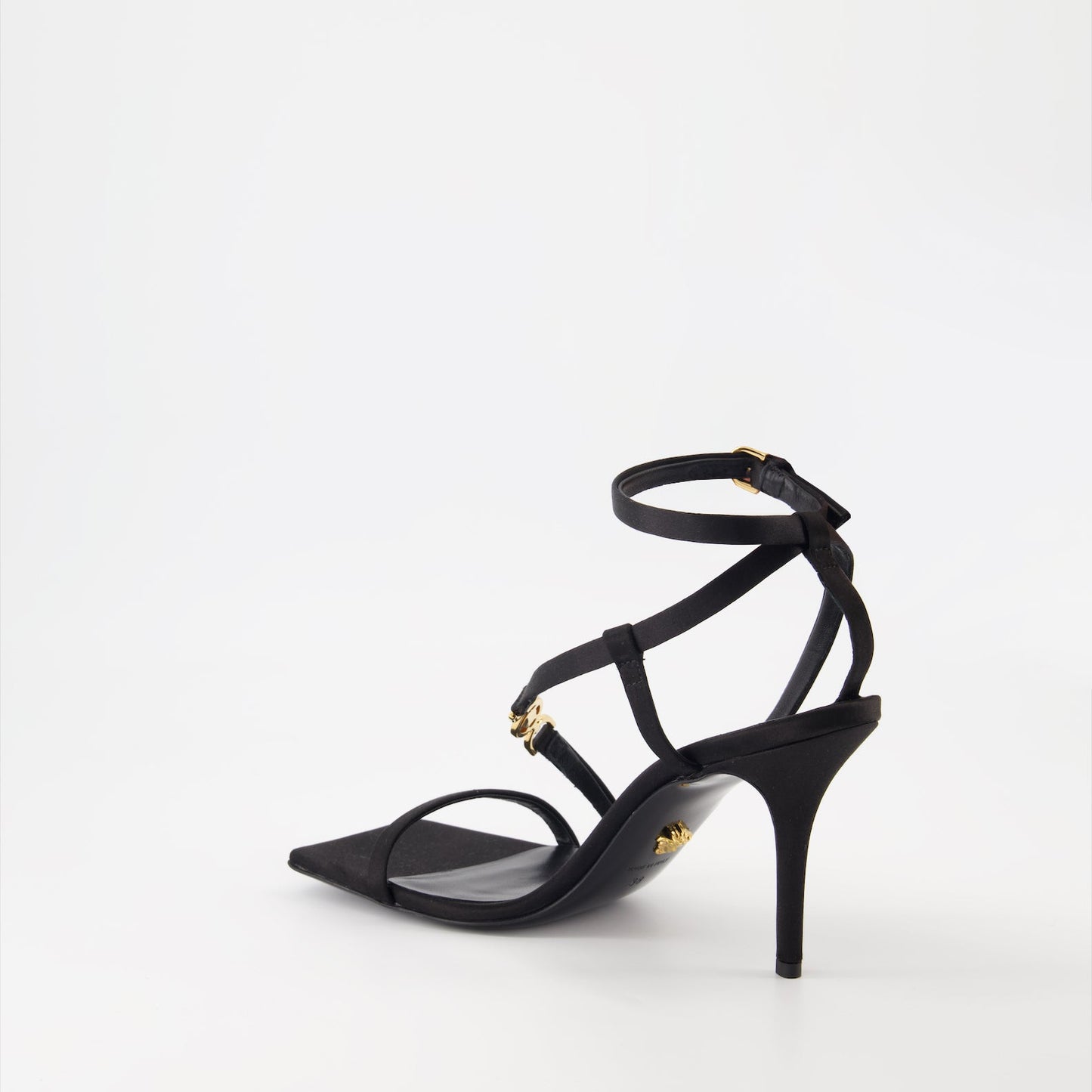 luxury sandals, high heel sandals, Versace Medusa sandals, satin sandals, designer footwear