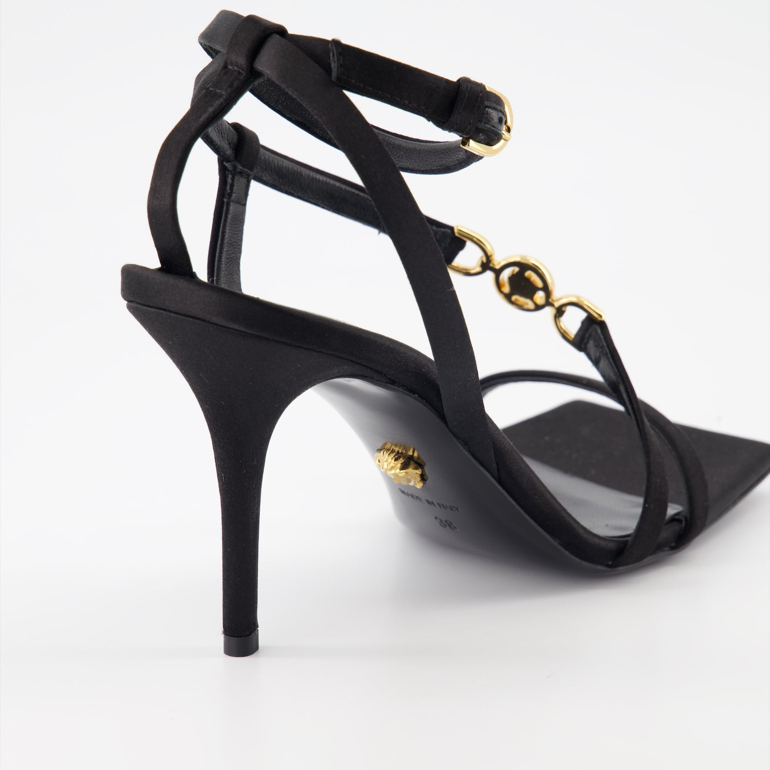 luxury sandals, high heel sandals, Versace Medusa sandals, satin sandals, designer footwear