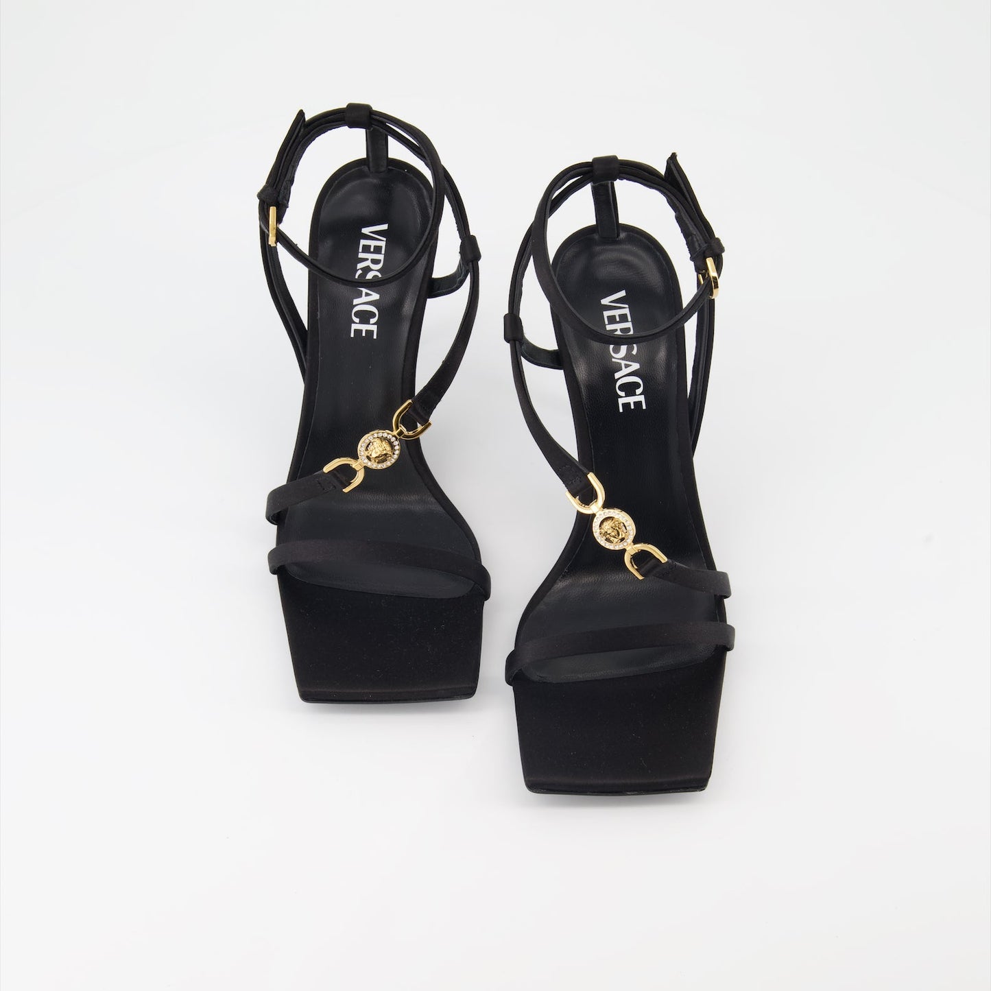 luxury sandals, high heel sandals, Versace Medusa sandals, satin sandals, designer footwear