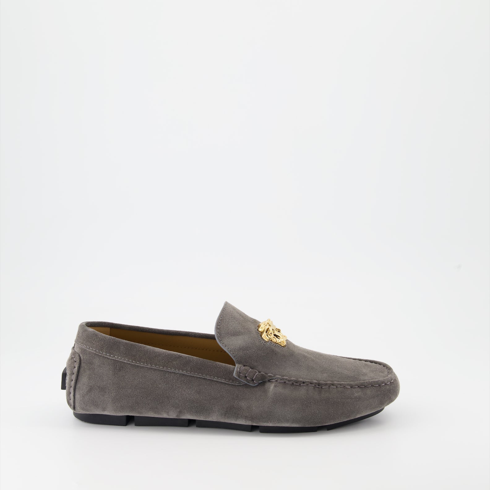 Grey Suede Moccasins, Versace Driver Shoes, Luxury Footwear, Medusa Emblem, Premium Moccasins