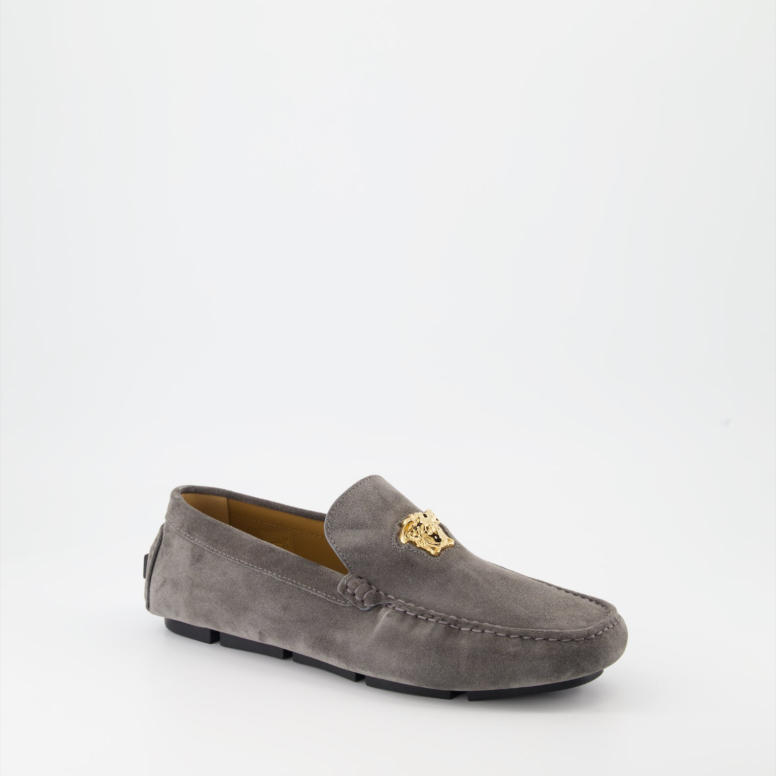 Grey Suede Moccasins, Versace Driver Shoes, Luxury Footwear, Medusa Emblem, Premium Moccasins