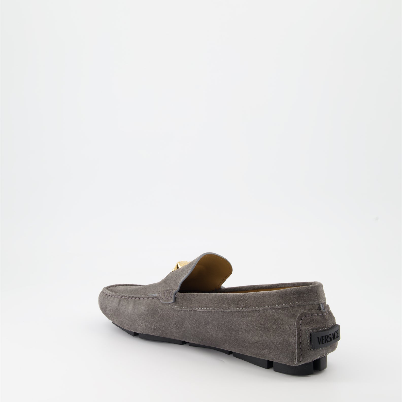 Grey Suede Moccasins, Versace Driver Shoes, Luxury Footwear, Medusa Emblem, Premium Moccasins