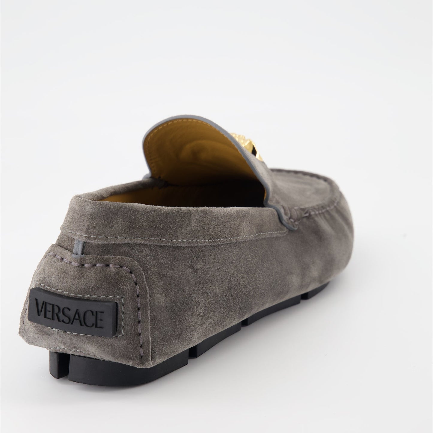 Grey Suede Moccasins, Versace Driver Shoes, Luxury Footwear, Medusa Emblem, Premium Moccasins