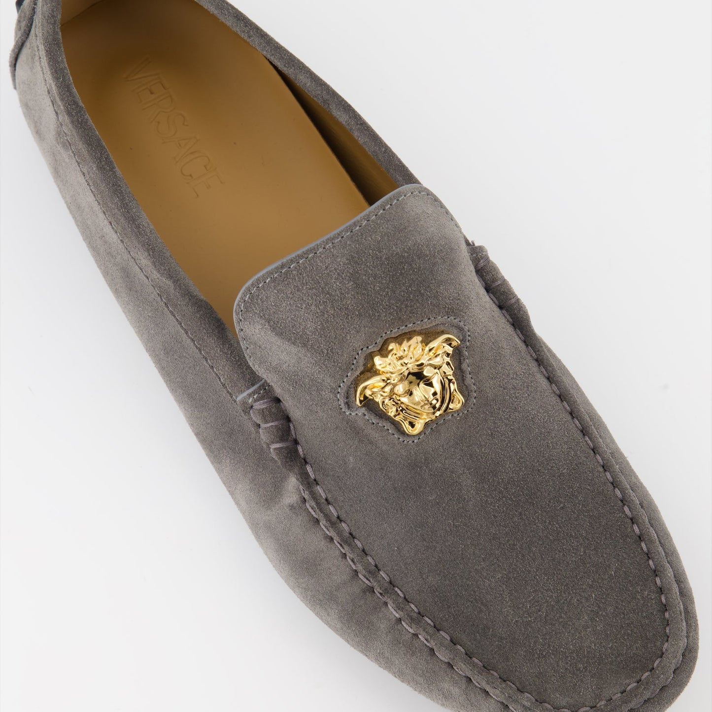 Grey Suede Moccasins, Versace Driver Shoes, Luxury Footwear, Medusa Emblem, Premium Moccasins