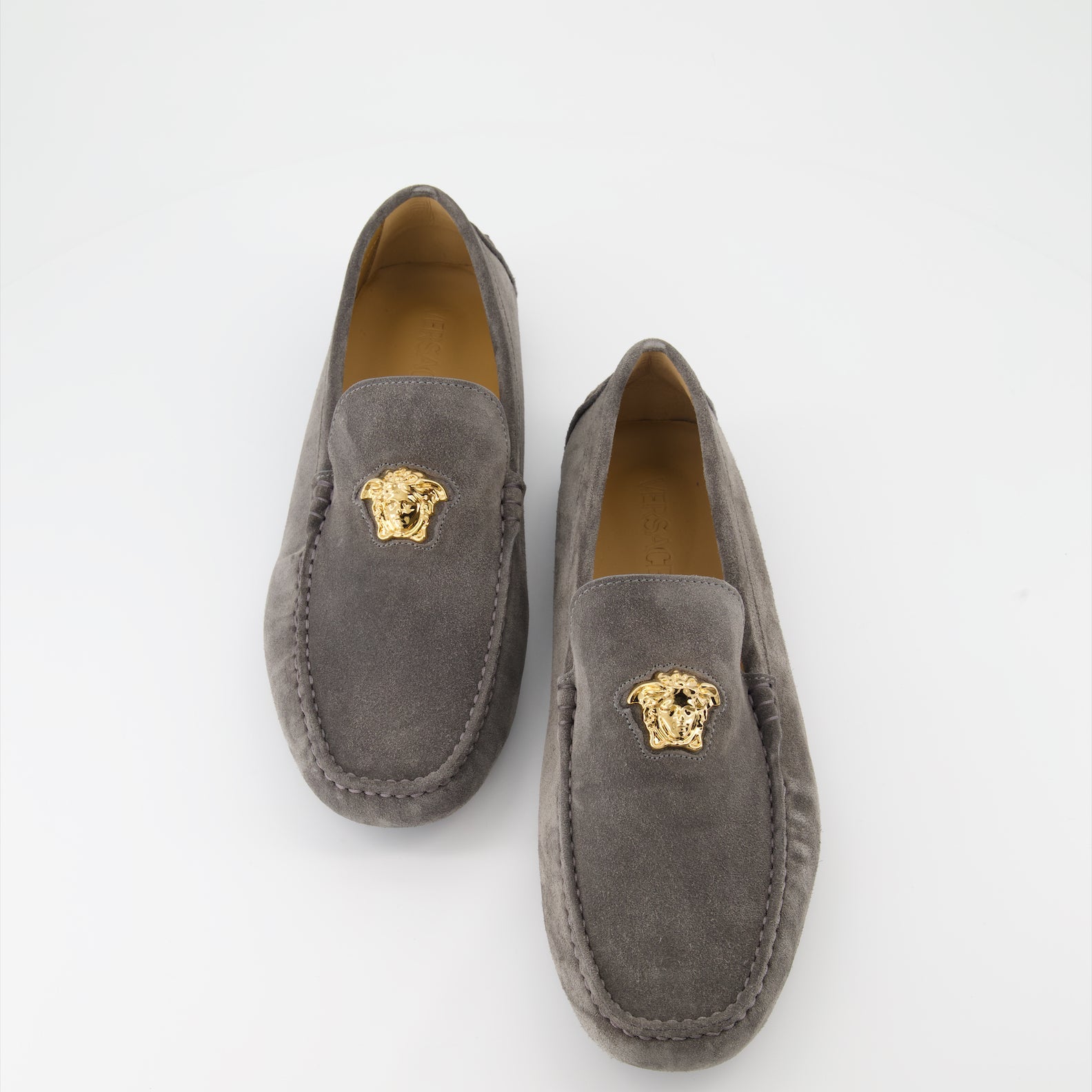 Grey Suede Moccasins, Versace Driver Shoes, Luxury Footwear, Medusa Emblem, Premium Moccasins