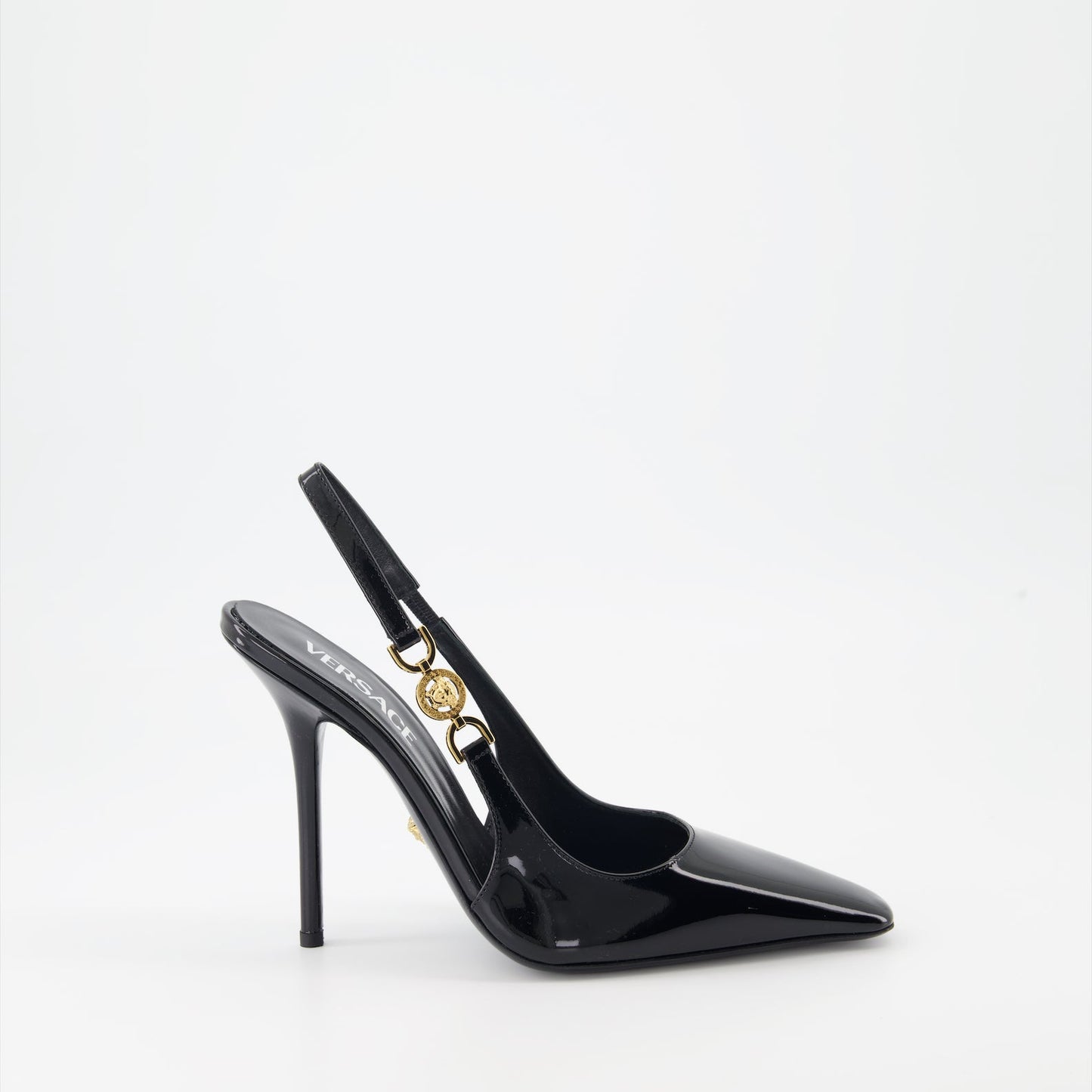 Versace, black patent leather pumps, Medusa '95, luxury heels, designer footwear