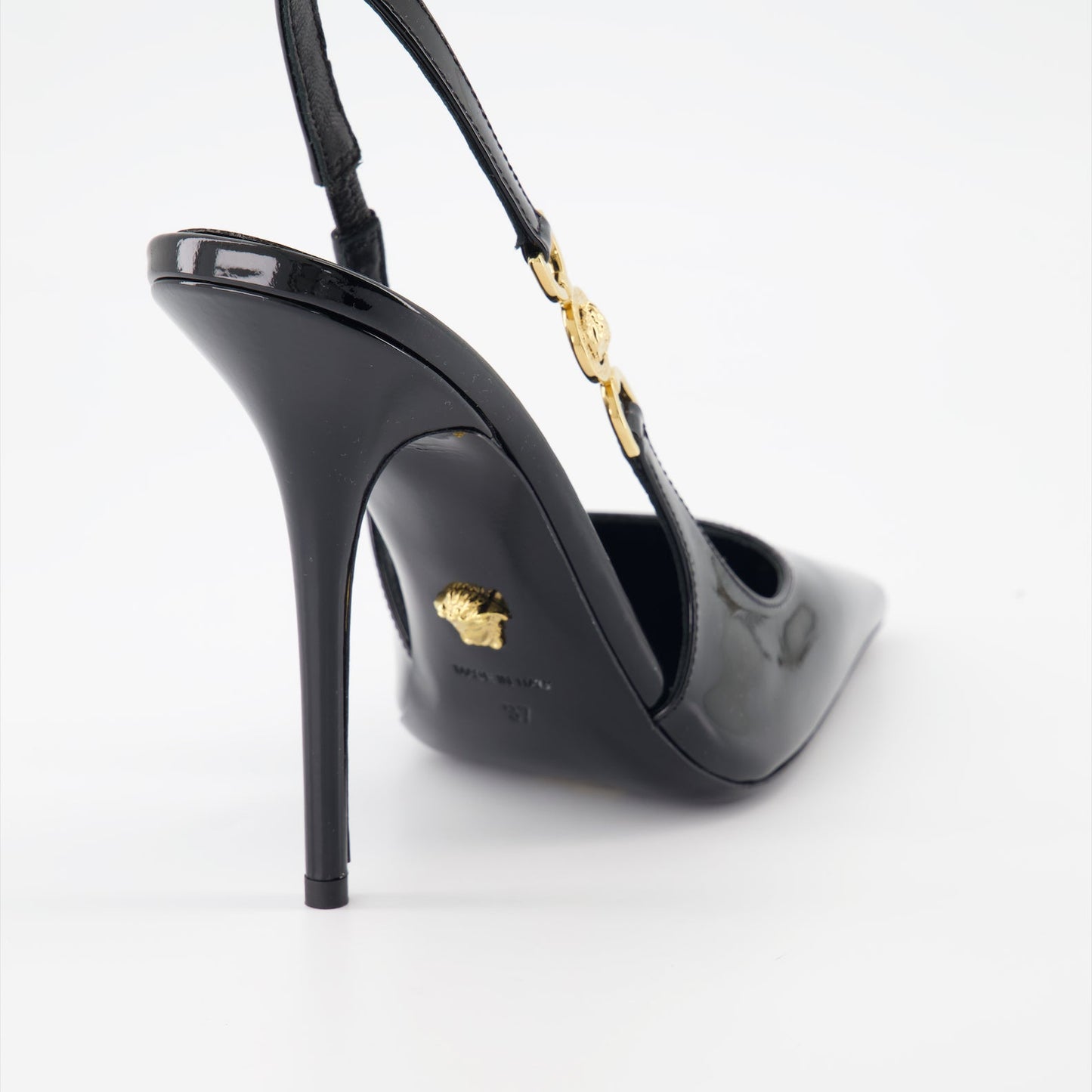 Versace, black patent leather pumps, Medusa '95, luxury heels, designer footwear