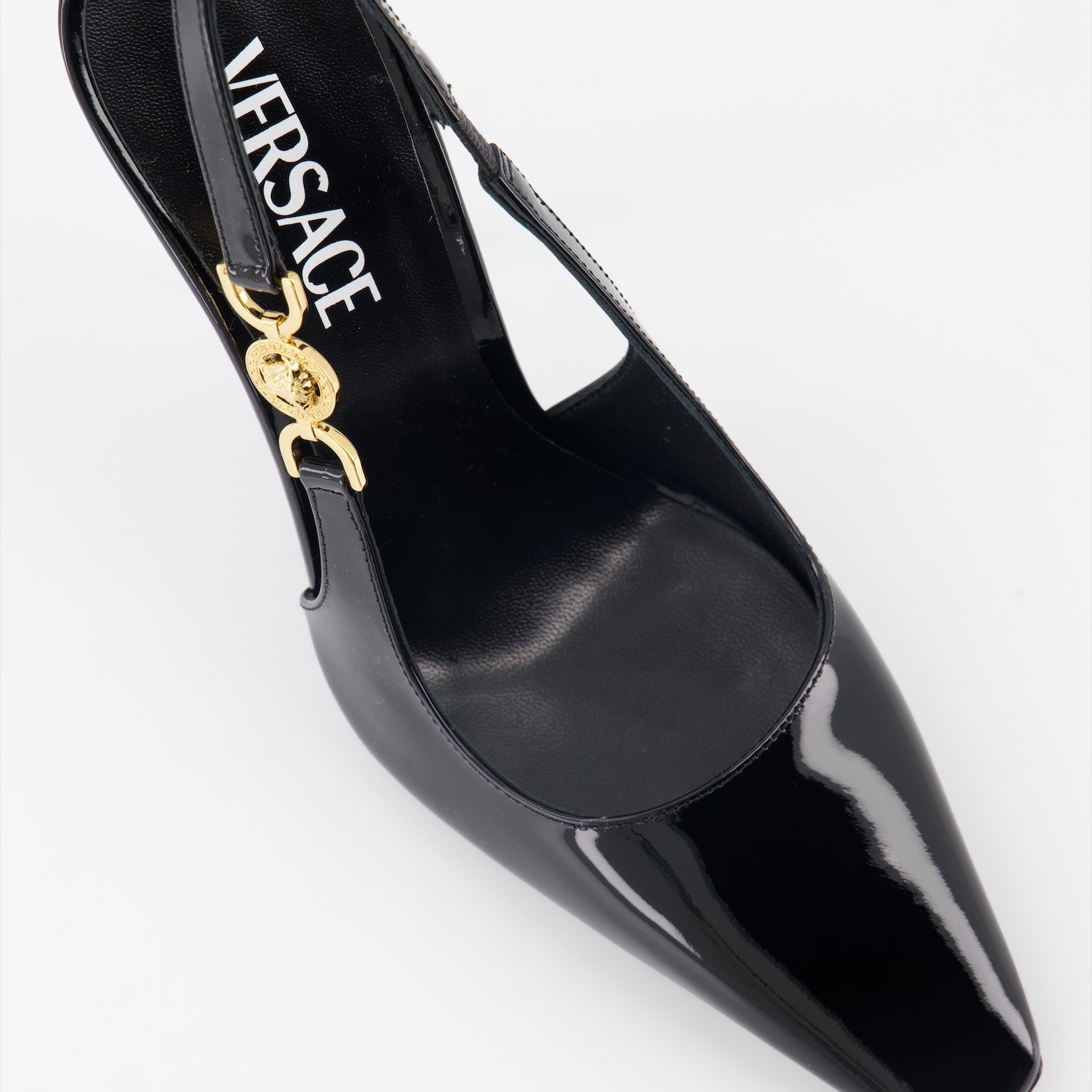 Versace, black patent leather pumps, Medusa '95, luxury heels, designer footwear