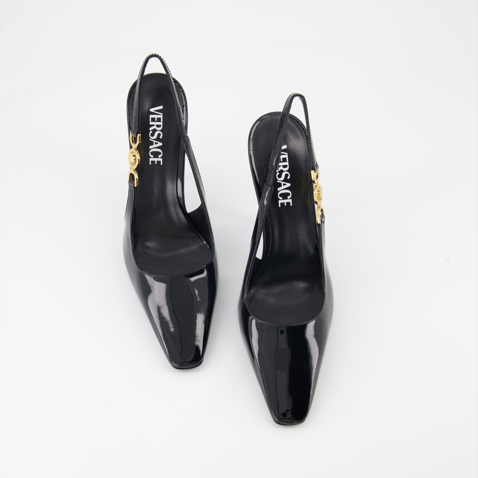 Versace, black patent leather pumps, Medusa '95, luxury heels, designer footwear