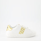 Versace sneakers, White Greca sneakers, Luxury embroidered shoes, Designer footwear, High-end fashion sneakers