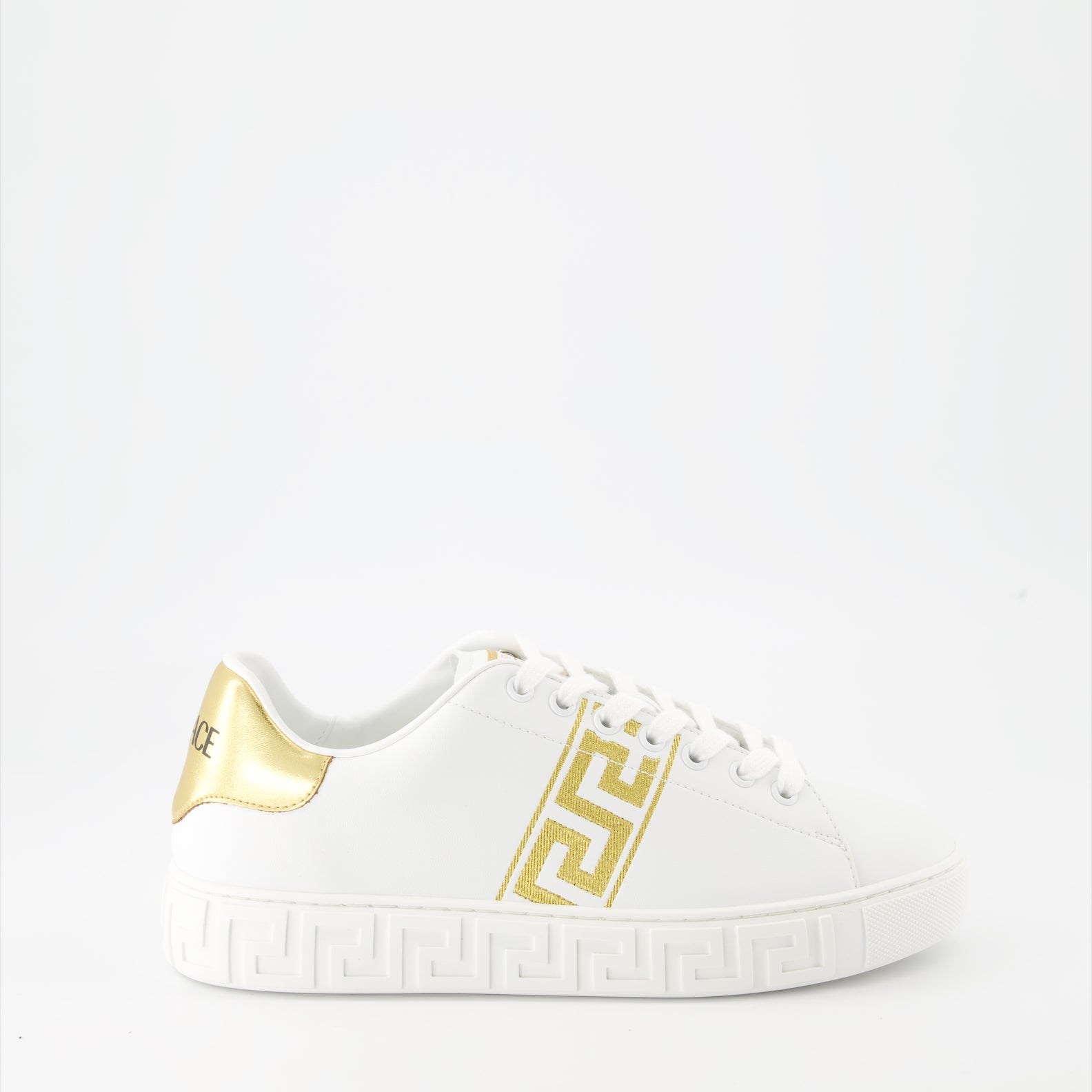 Versace sneakers, White Greca sneakers, Luxury embroidered shoes, Designer footwear, High-end fashion sneakers