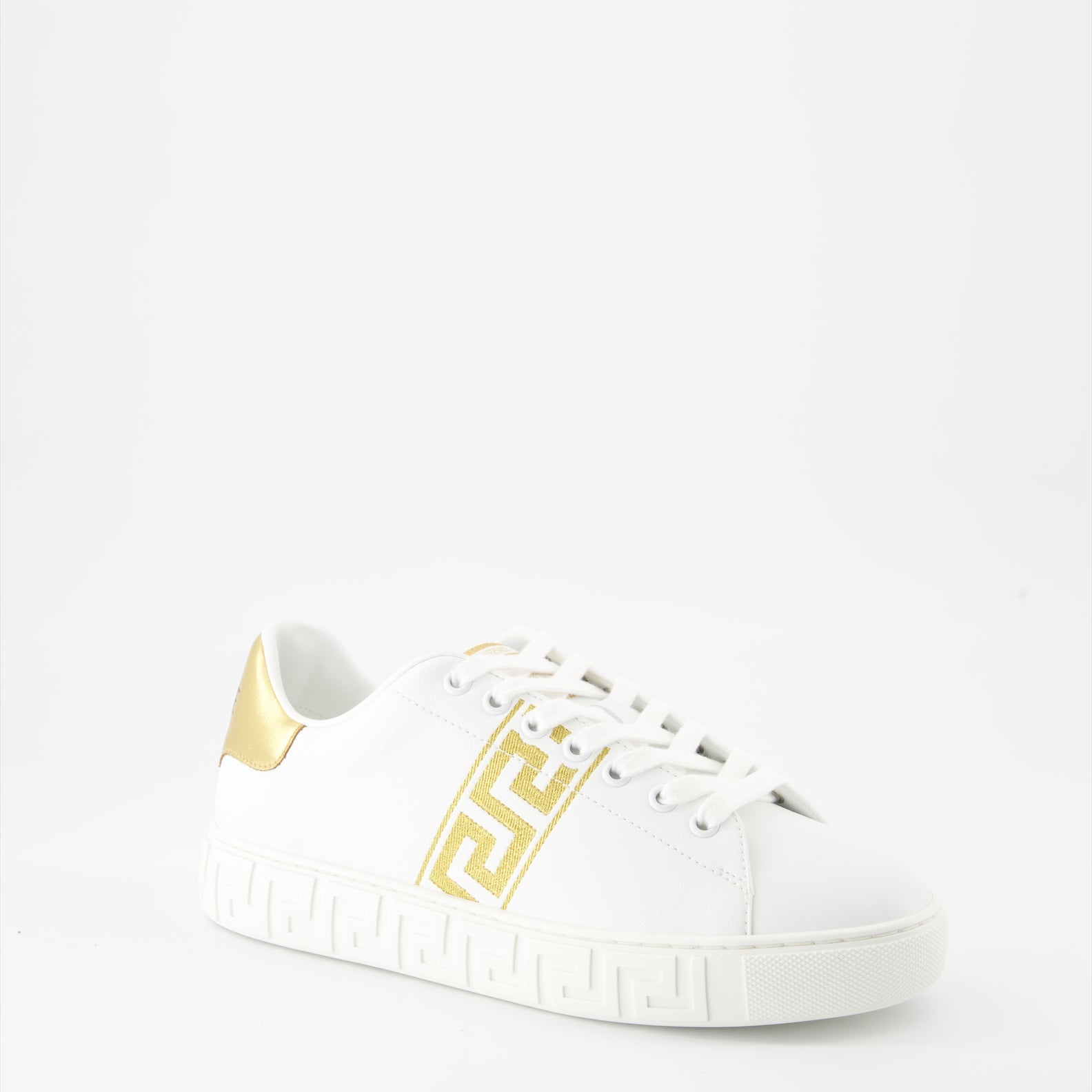 Versace sneakers, White Greca sneakers, Luxury embroidered shoes, Designer footwear, High-end fashion sneakers