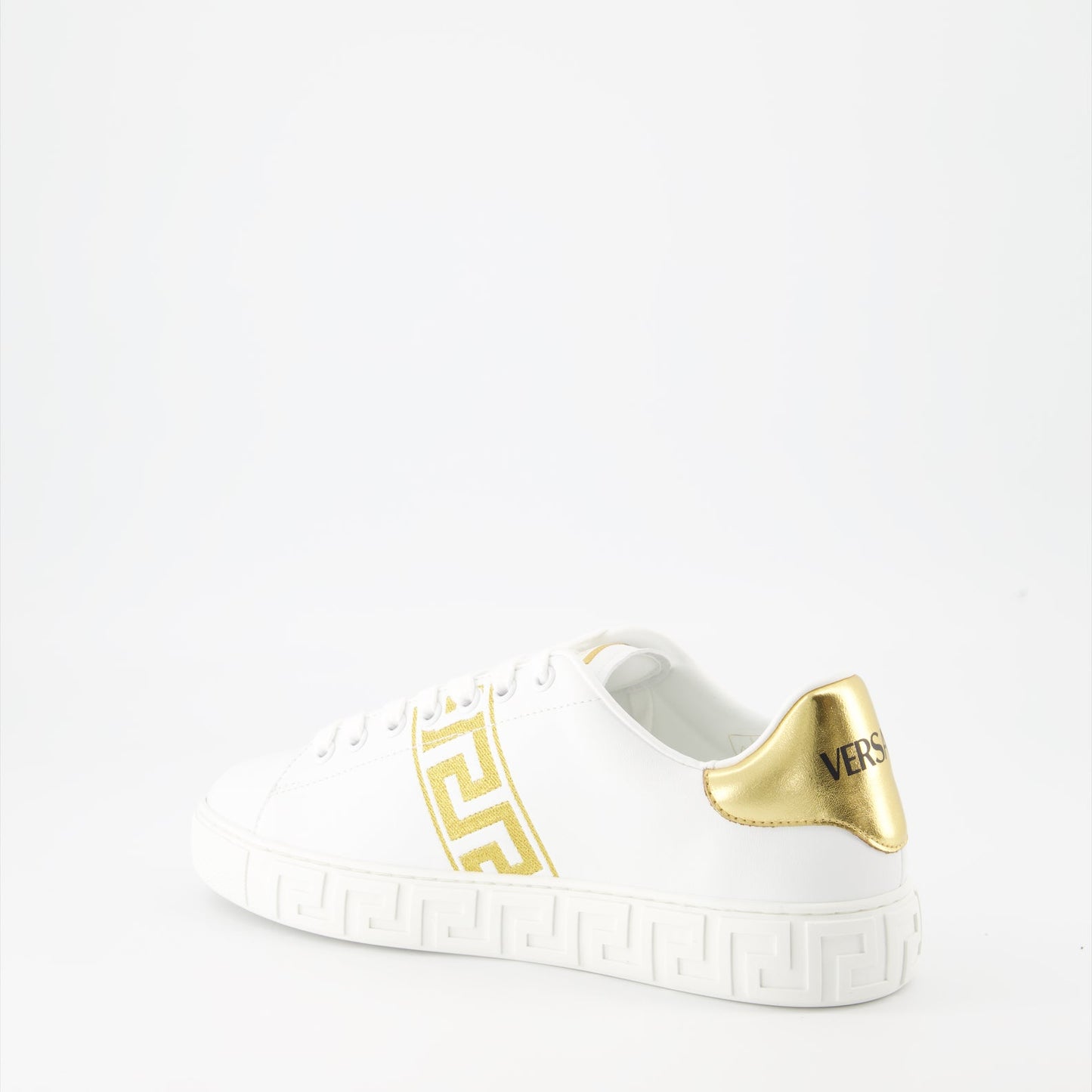 Versace sneakers, White Greca sneakers, Luxury embroidered shoes, Designer footwear, High-end fashion sneakers