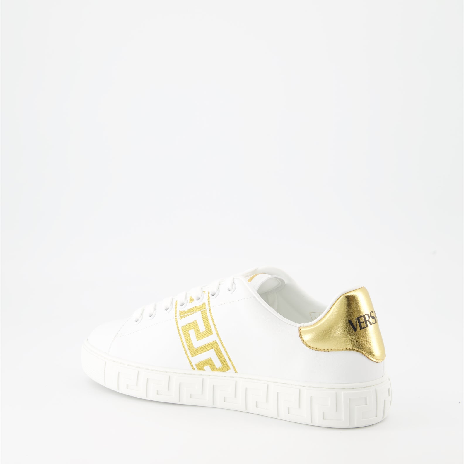 Versace sneakers, White Greca sneakers, Luxury embroidered shoes, Designer footwear, High-end fashion sneakers