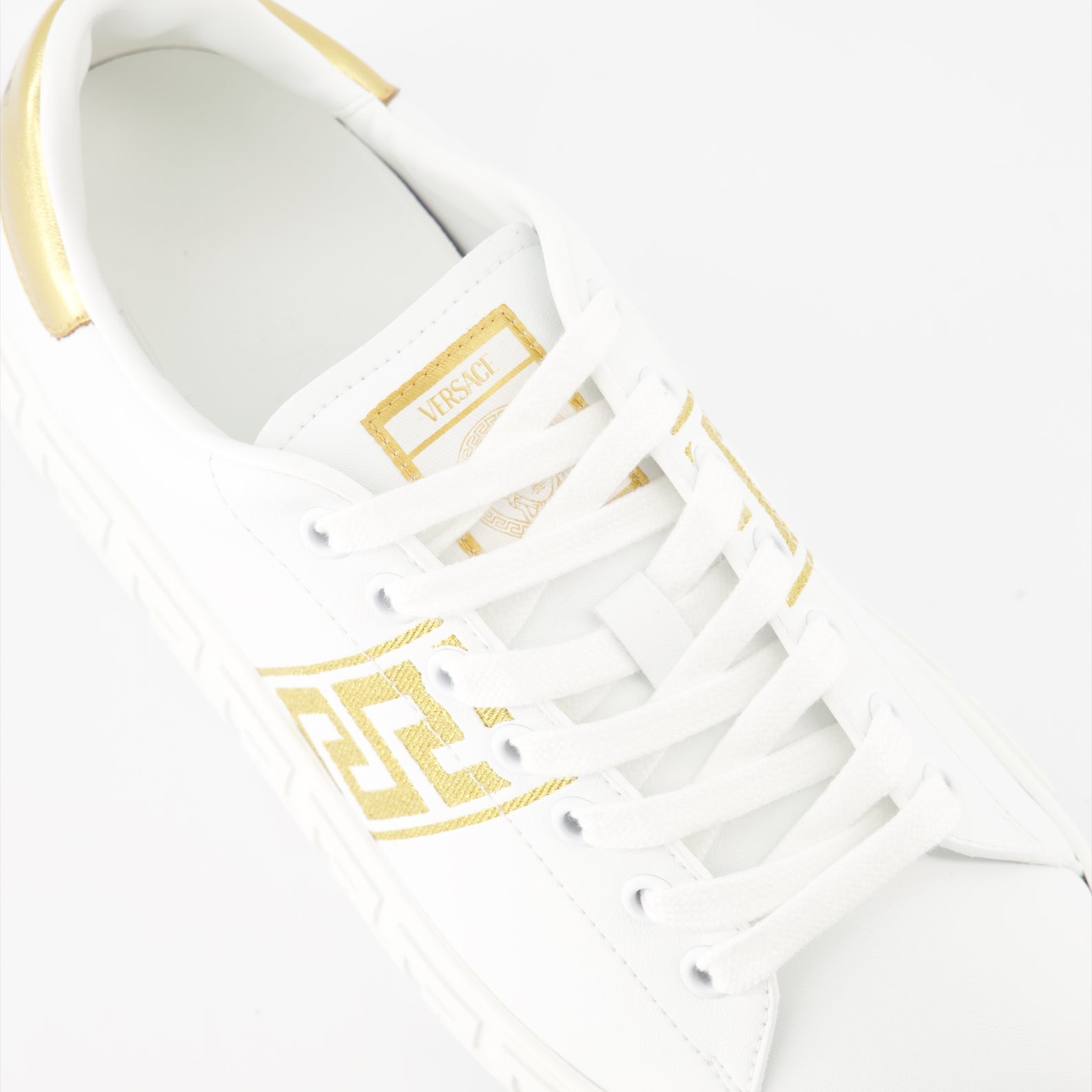 Versace sneakers, White Greca sneakers, Luxury embroidered shoes, Designer footwear, High-end fashion sneakers