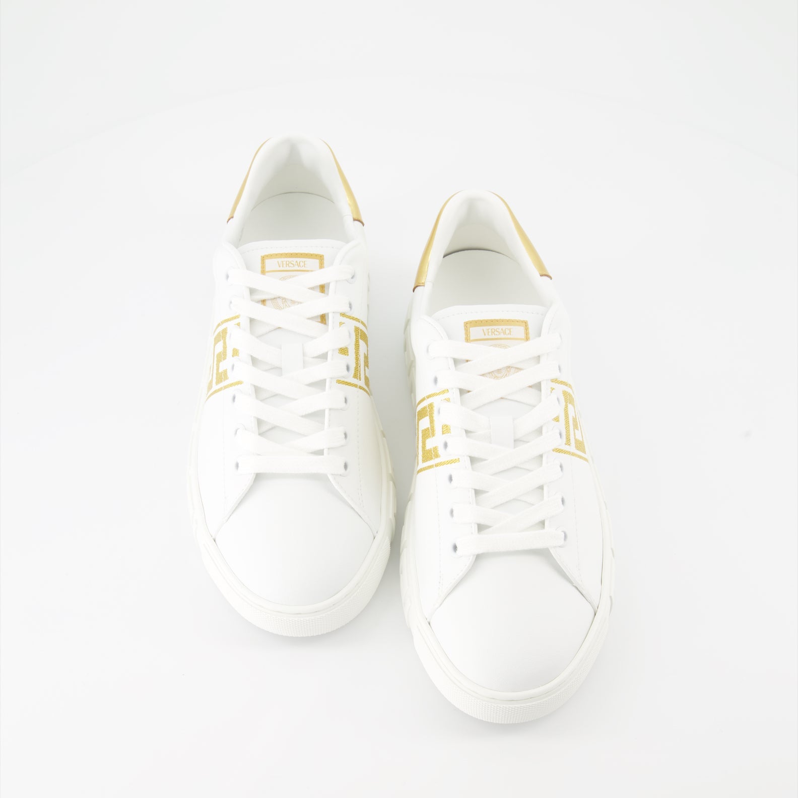 Versace sneakers, White Greca sneakers, Luxury embroidered shoes, Designer footwear, High-end fashion sneakers