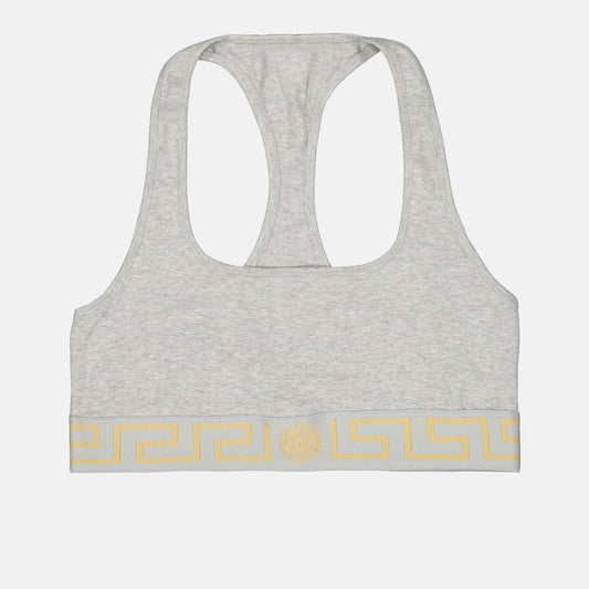 Versace sports bra, Medusa Greca bra, luxury activewear, grey cotton bra, high-end sportswear