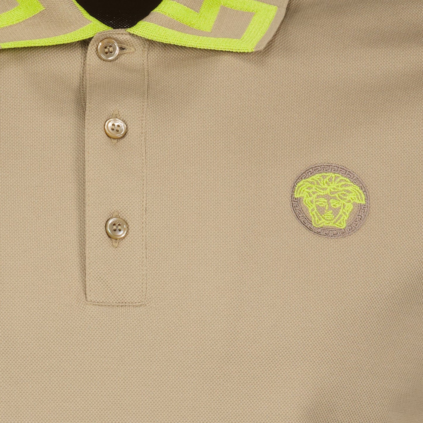 luxury polo shirt, Versace Medusa Greca, beige yellow polo, high-end fashion, designer menswear