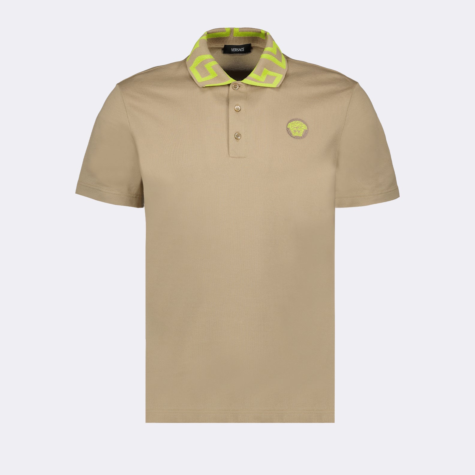 luxury polo shirt, Versace Medusa Greca, beige yellow polo, high-end fashion, designer menswear