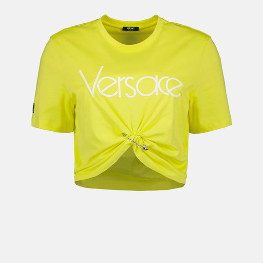 Versace Yellow Crop T-shirt, 1978 Re-Edition, Luxury T-shirt, High-end Fashion, Designer Women’s Top