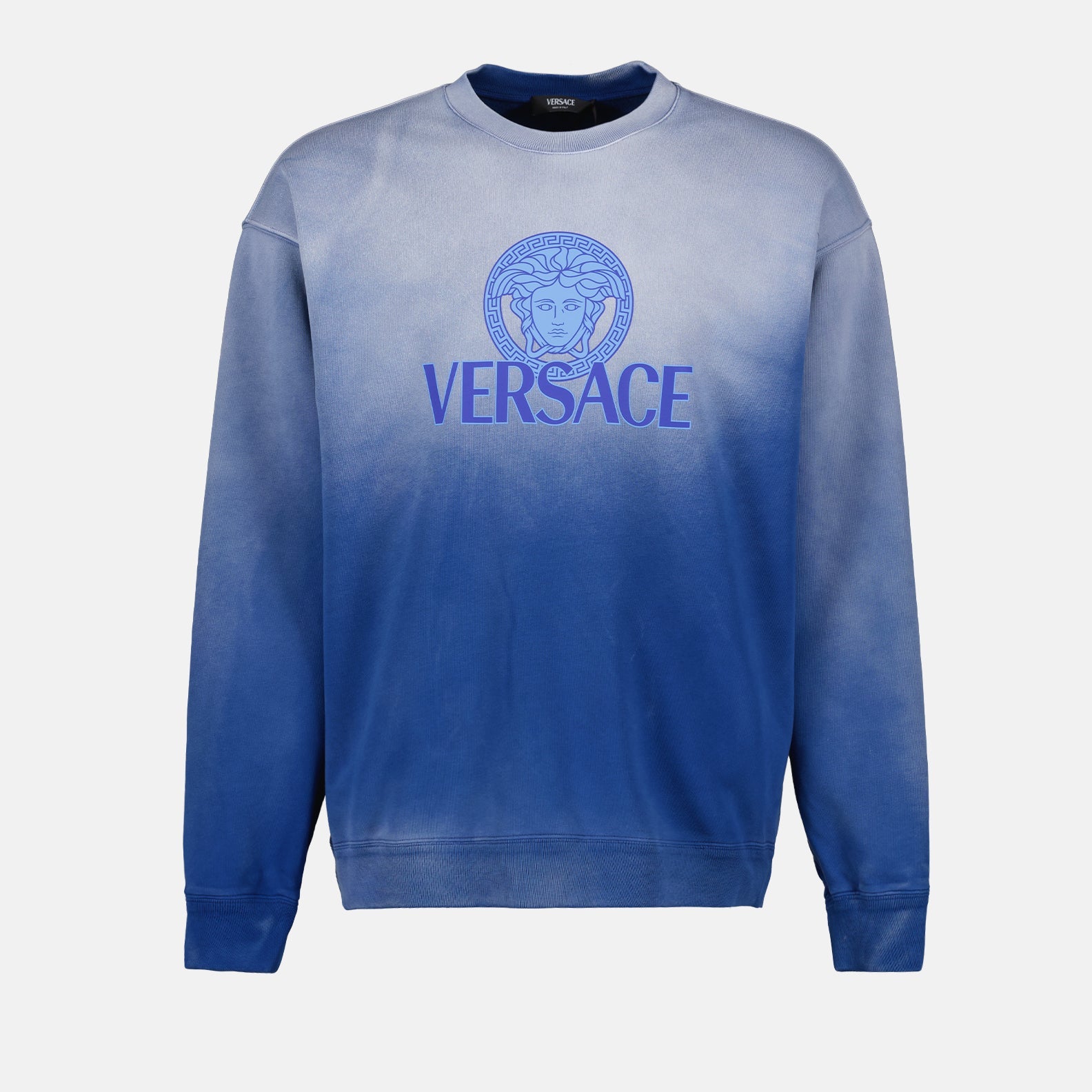 Versace sweatshirt, luxury fashion, Medusa logo, gradient wash, designer clothing