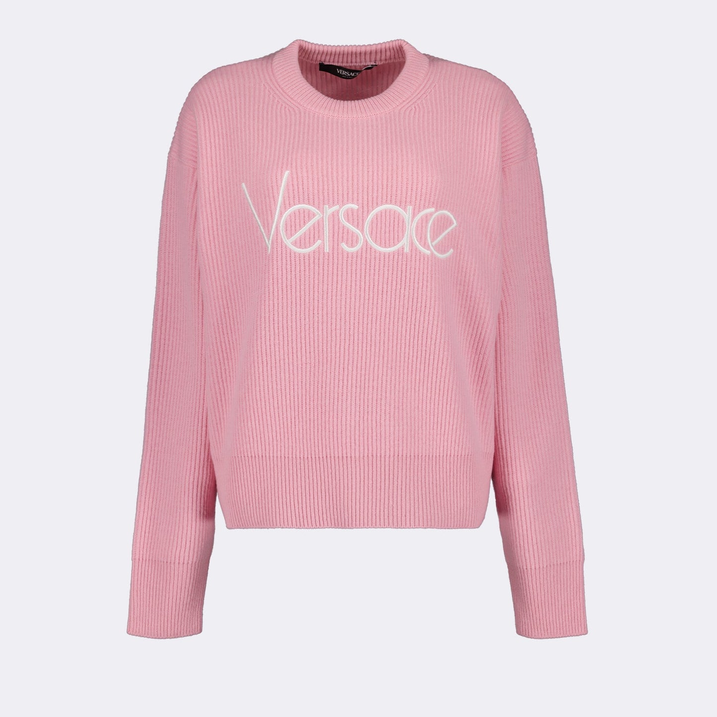 Versace pullover sweater, ribbed sweater, luxurious knitwear, rose sweater, elegant knit top