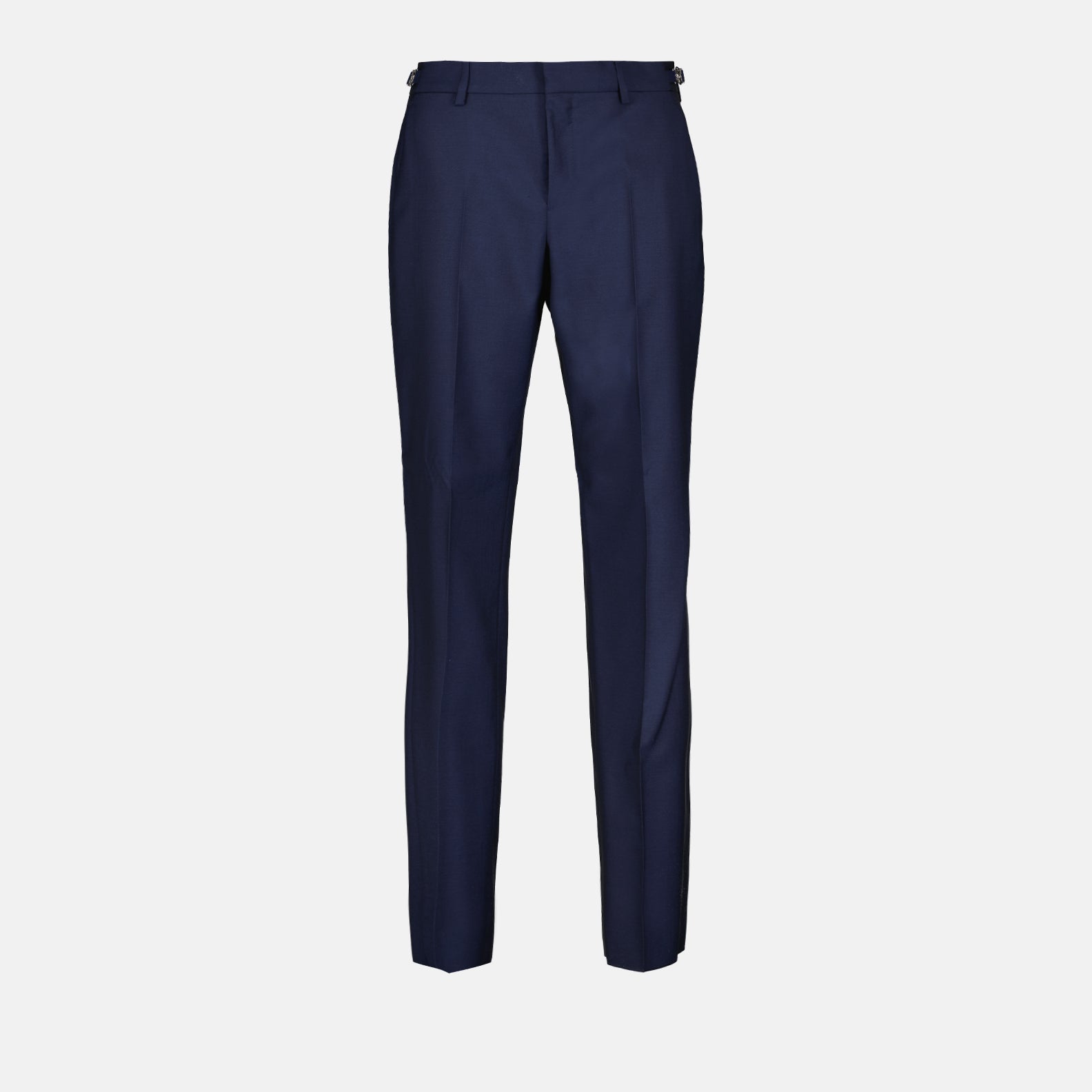 Versace trousers, wool pleated trousers, luxury tailored pants, elegant blue trousers, high-end fashion