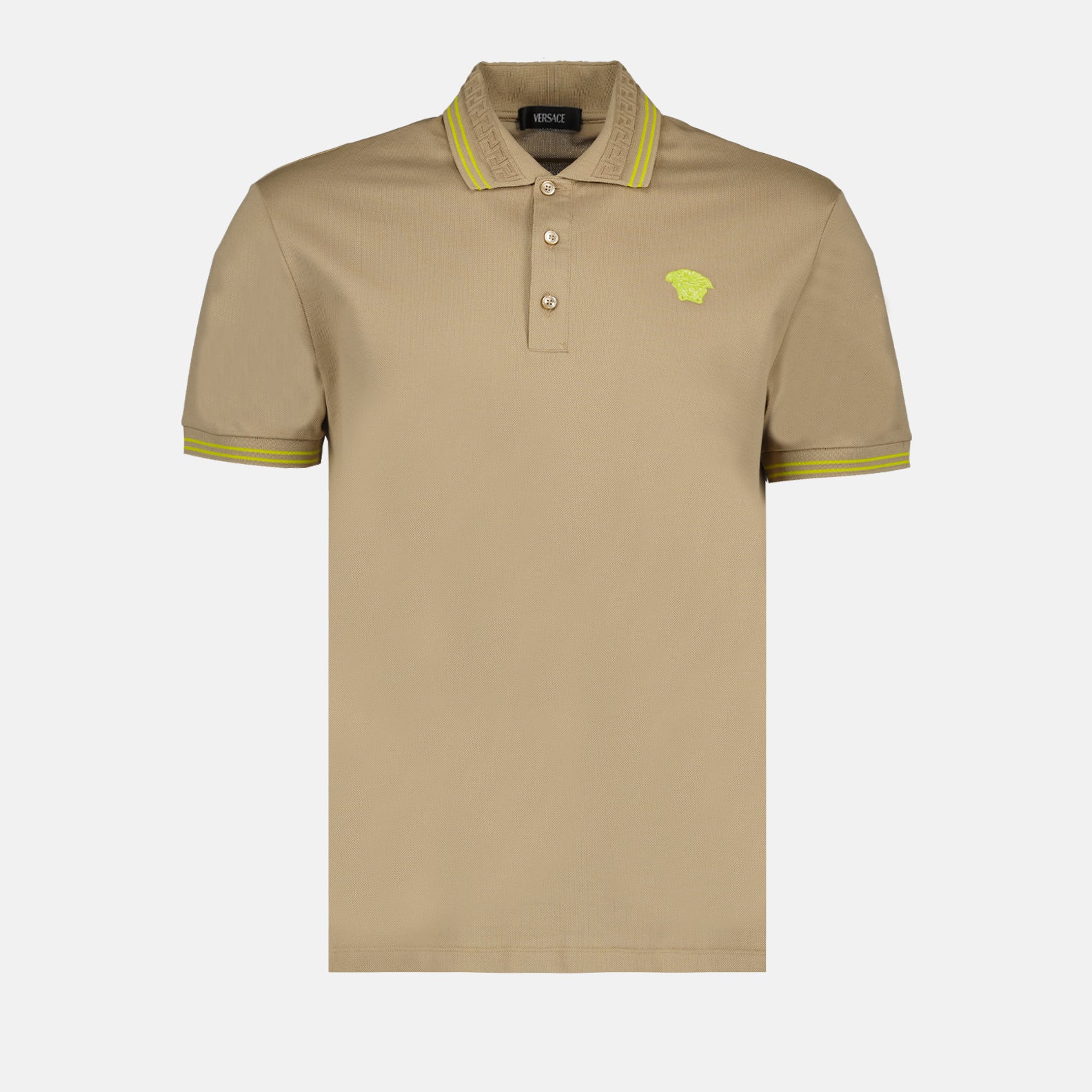 Versace, Polo Medusa, luxury polo, beige and yellow polo shirt, designer menswear