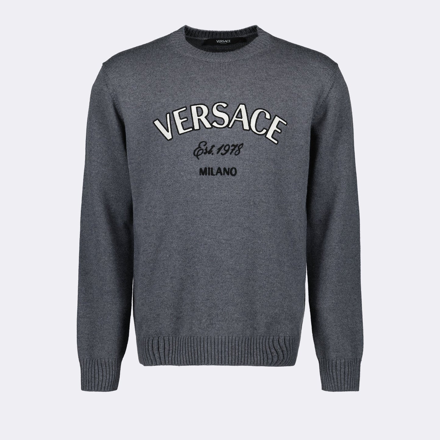 Versace, gray pullover, luxury sweater, Milano collection, men's fashion