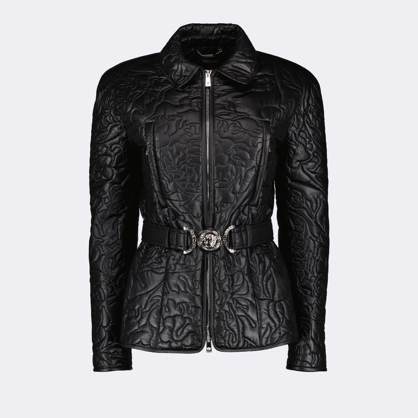 quilted jacket, Barocco print, Versace outerwear, luxury fashion, black jacket