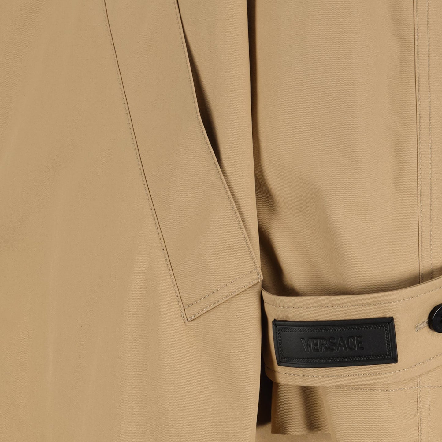 Beige gabardine trench, Versace Barocco, luxury outerwear, refined trench coat, opulent coat