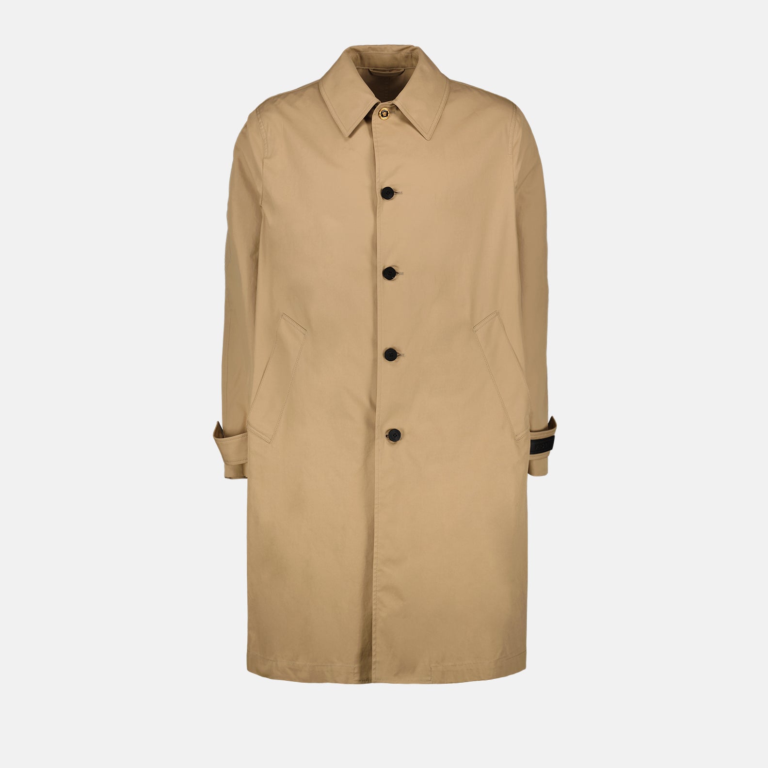 Beige gabardine trench, Versace Barocco, luxury outerwear, refined trench coat, opulent coat