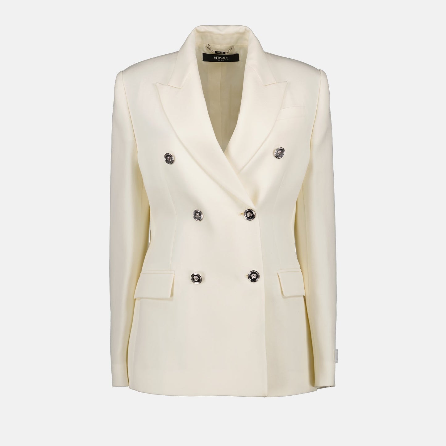 White blazer, Versace jacket, luxury womenswear, sophisticated blazer, tailored jacket