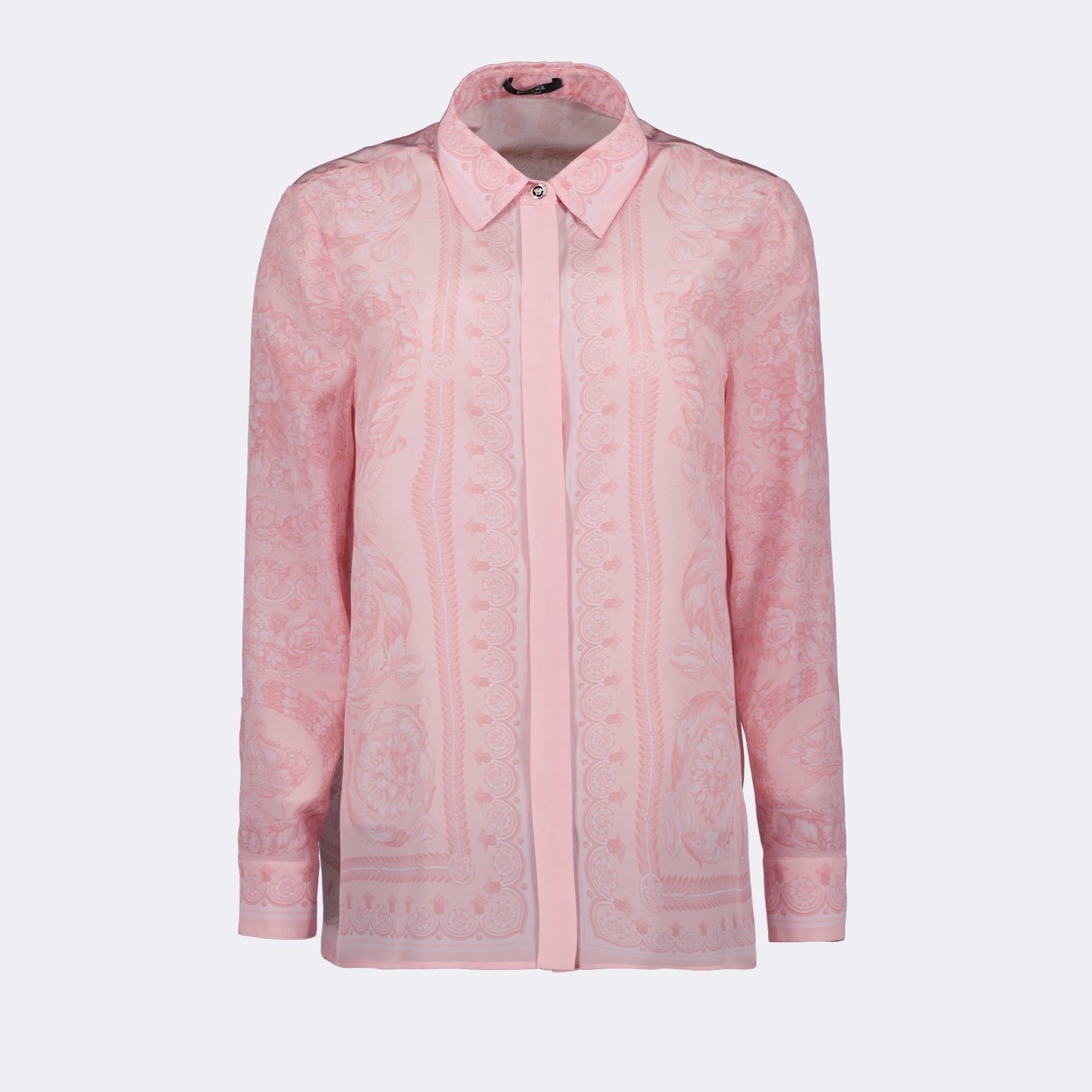 Barocco silk shirt, luxury silk shirt, Versace clothing, pink silk blouse, high-end fashion