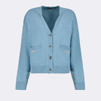 blue cardigan, Versace wool cardigan, luxury knitwear, designer cardigan, high-end fashion