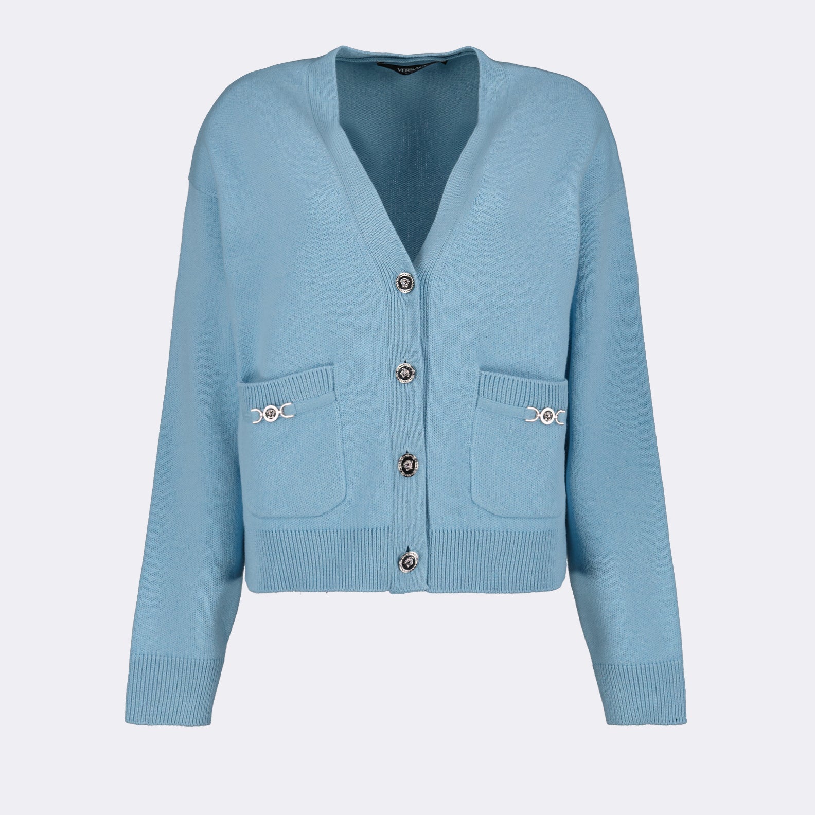 blue cardigan, Versace wool cardigan, luxury knitwear, designer cardigan, high-end fashion