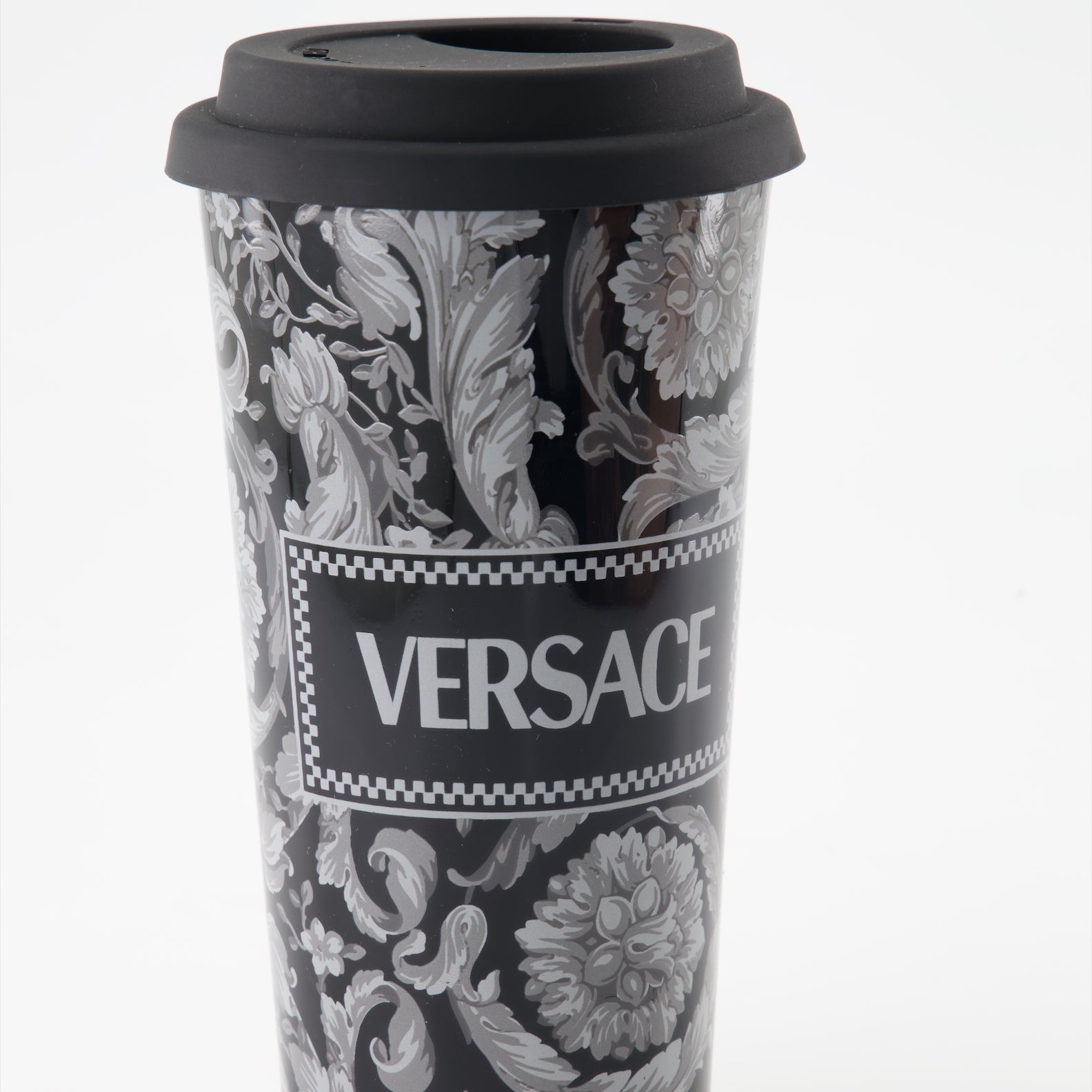 Barocco travel mug, black and gray mug, elegant travel cup, stylish mug, Versace-inspired drinkware