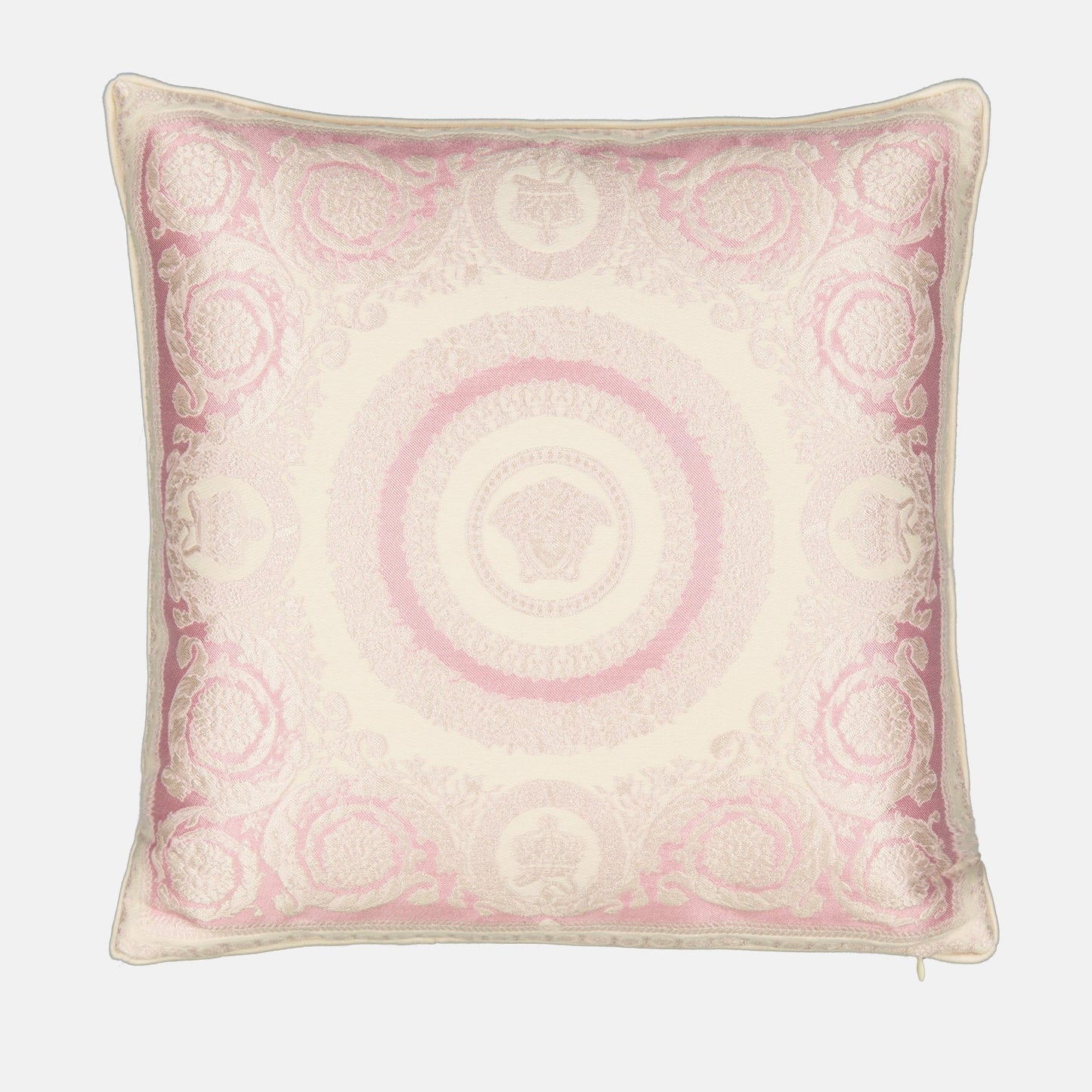 Versace cushion, Floral crest cushion, luxury home accessory, pink and white cushion, designer cushion