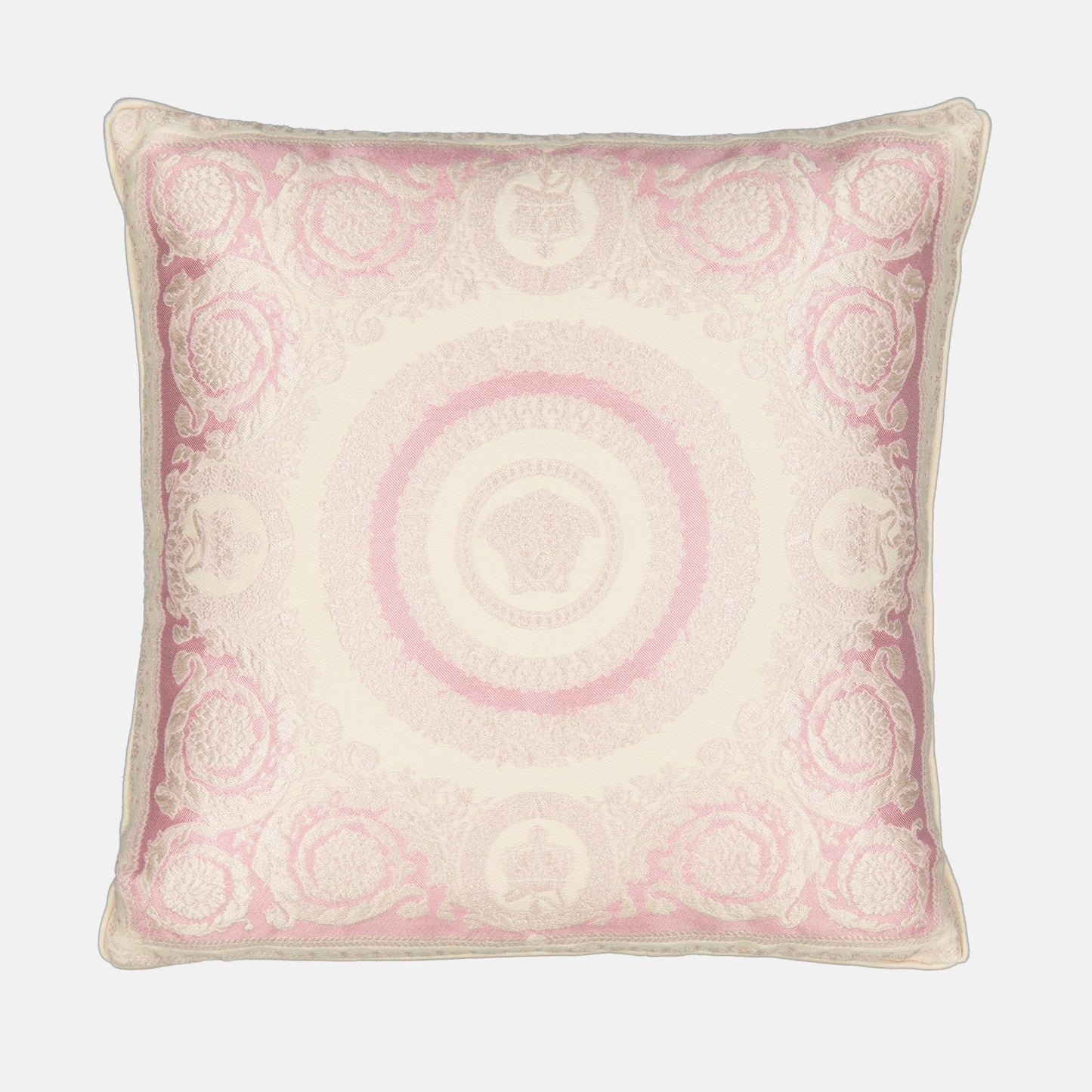 Versace cushion, Floral crest cushion, luxury home accessory, pink and white cushion, designer cushion