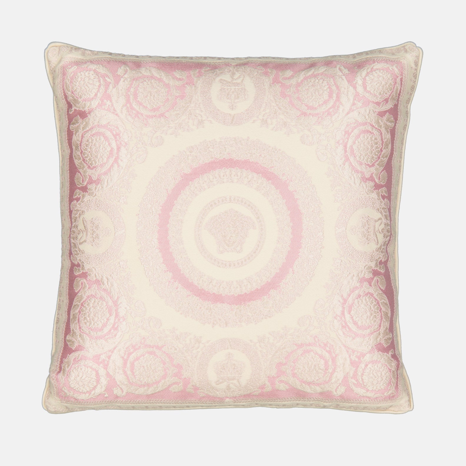 Versace cushion, Floral crest cushion, luxury home accessory, pink and white cushion, designer cushion