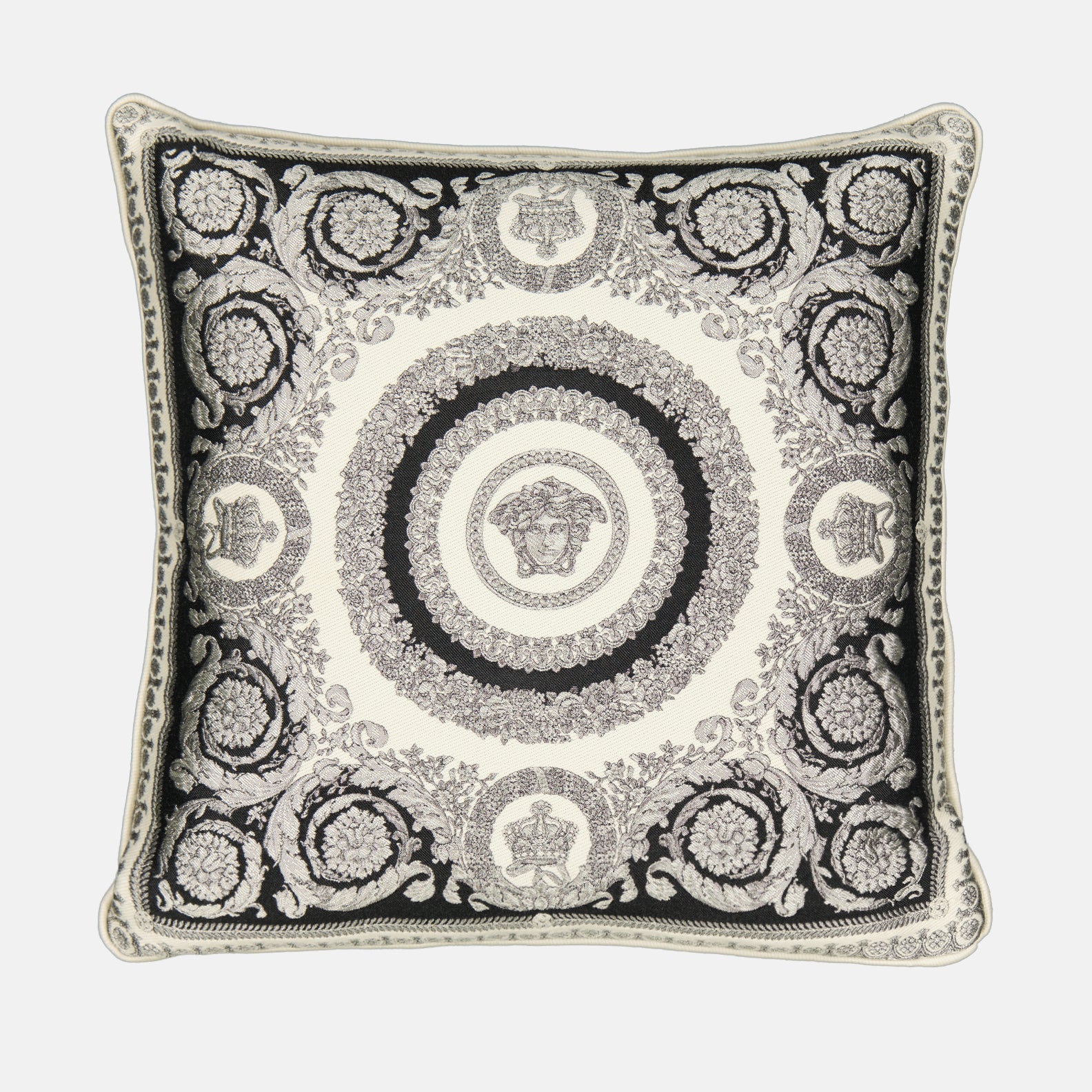 Versace cushion, luxury home décor, floral cushion, designer cushion, black and white cushion