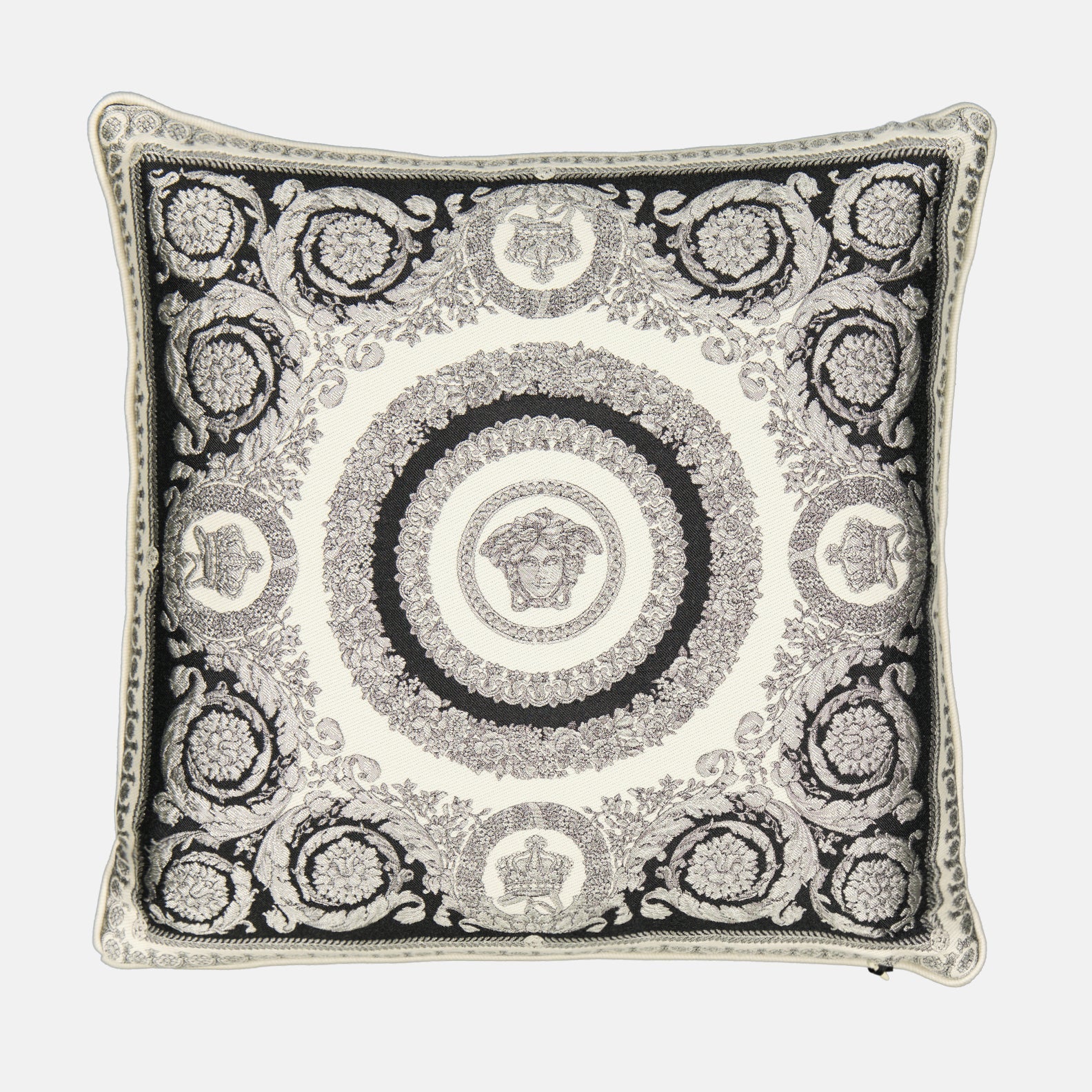 Versace cushion, luxury home décor, floral cushion, designer cushion, black and white cushion