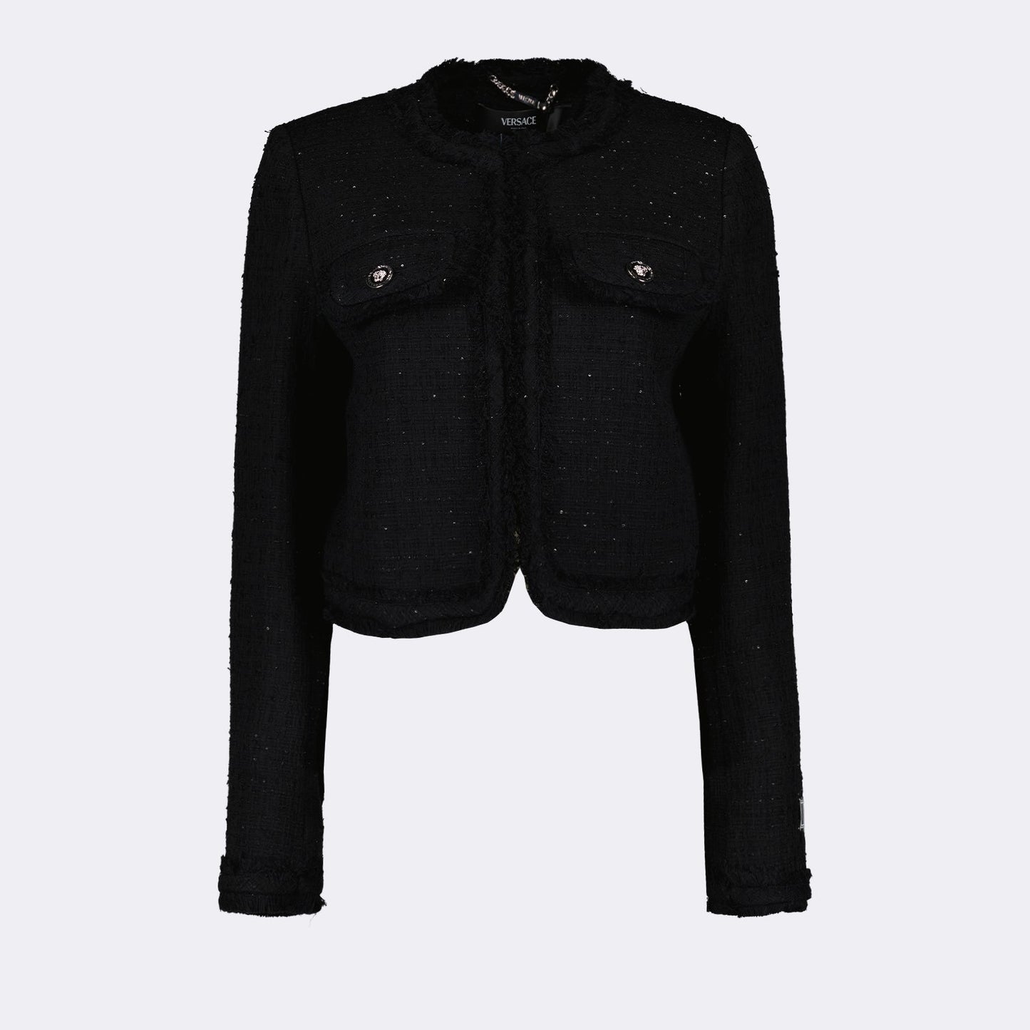 black tweed cardigan, Versace cardigan, luxury knitwear, high-end fashion, sophisticated layering piece