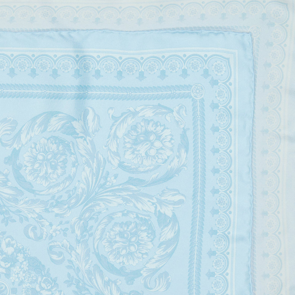Versace silk scarf, Barocco motif, luxury accessories, blue silk scarf, designer scarf