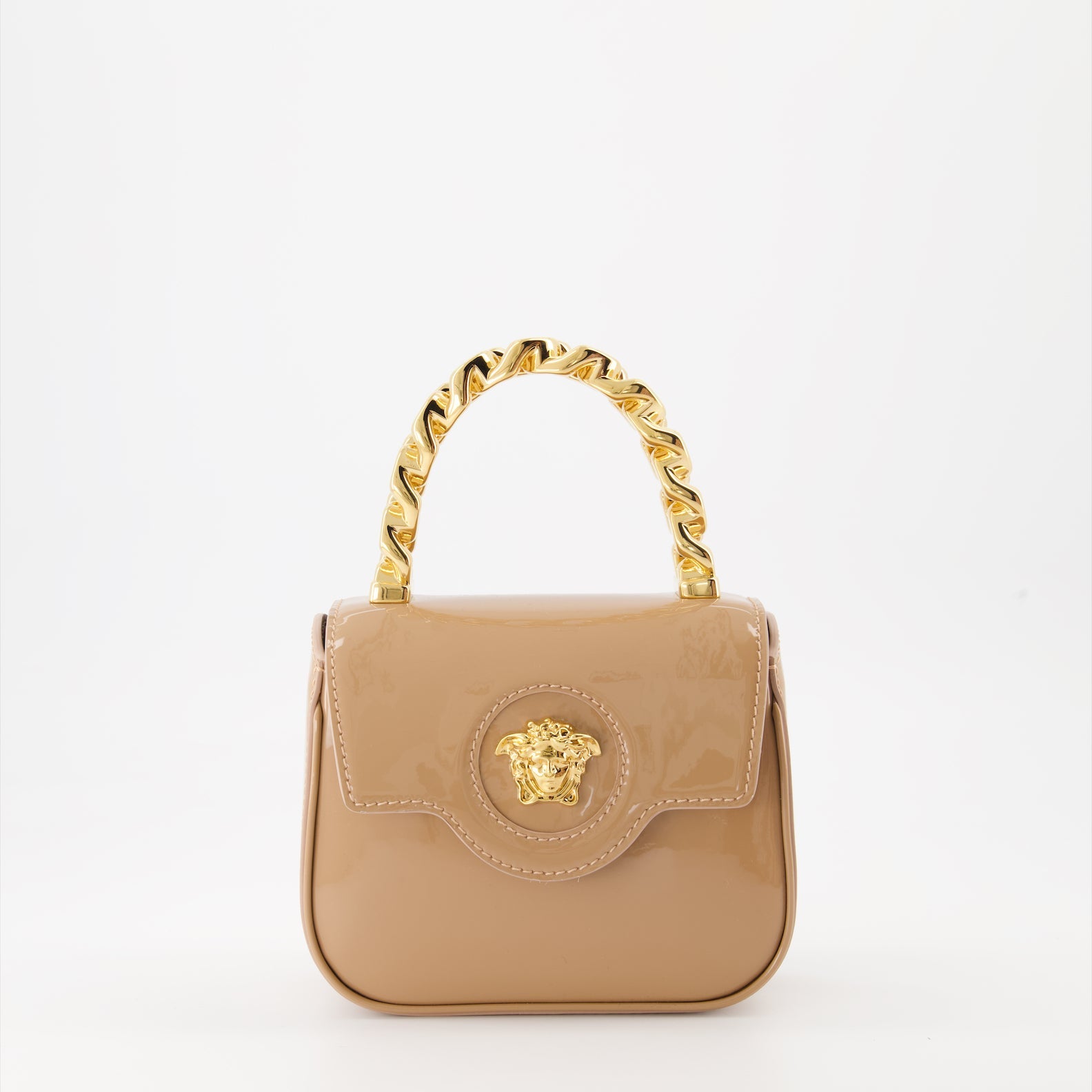 Versace bag, patent leather handbag, beige Medusa bag, luxury accessories, designer handbag