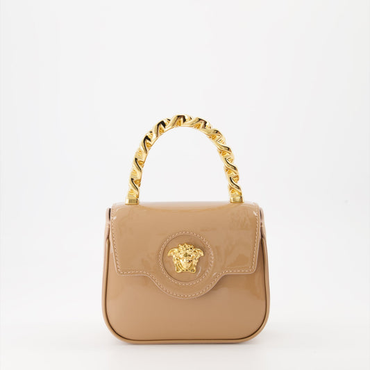 Versace bag, patent leather handbag, beige Medusa bag, luxury accessories, designer handbag