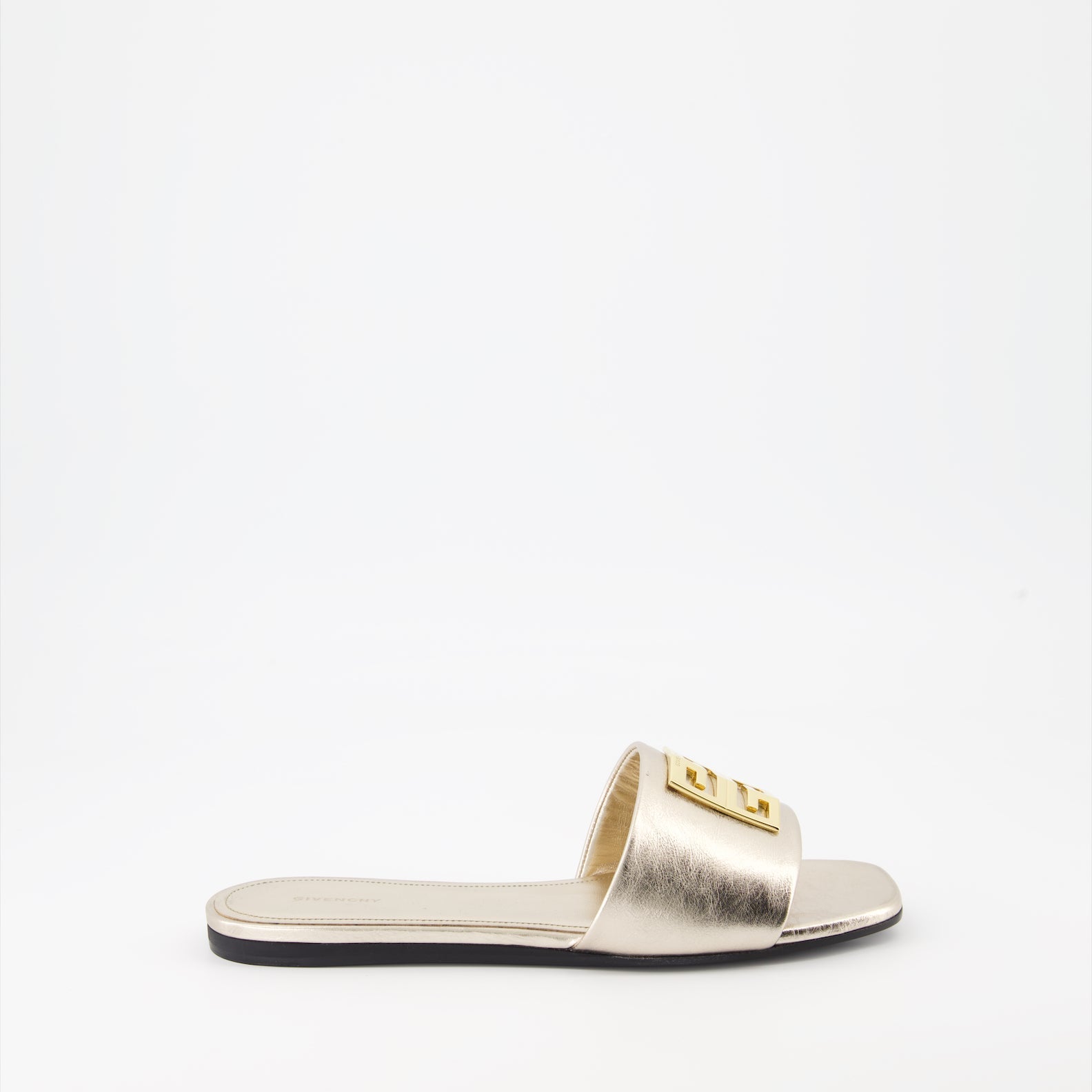 Givenchy, Golden Mules, 4G Emblem, Luxury Footwear, Elegant Design