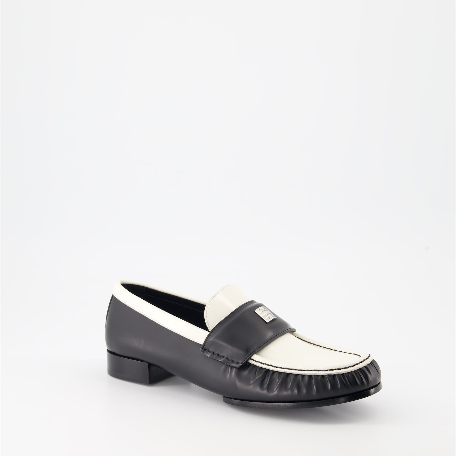 Givenchy leather moccasins, luxury footwear, 4G emblem shoes, elegant moccasins, white and black moccasins